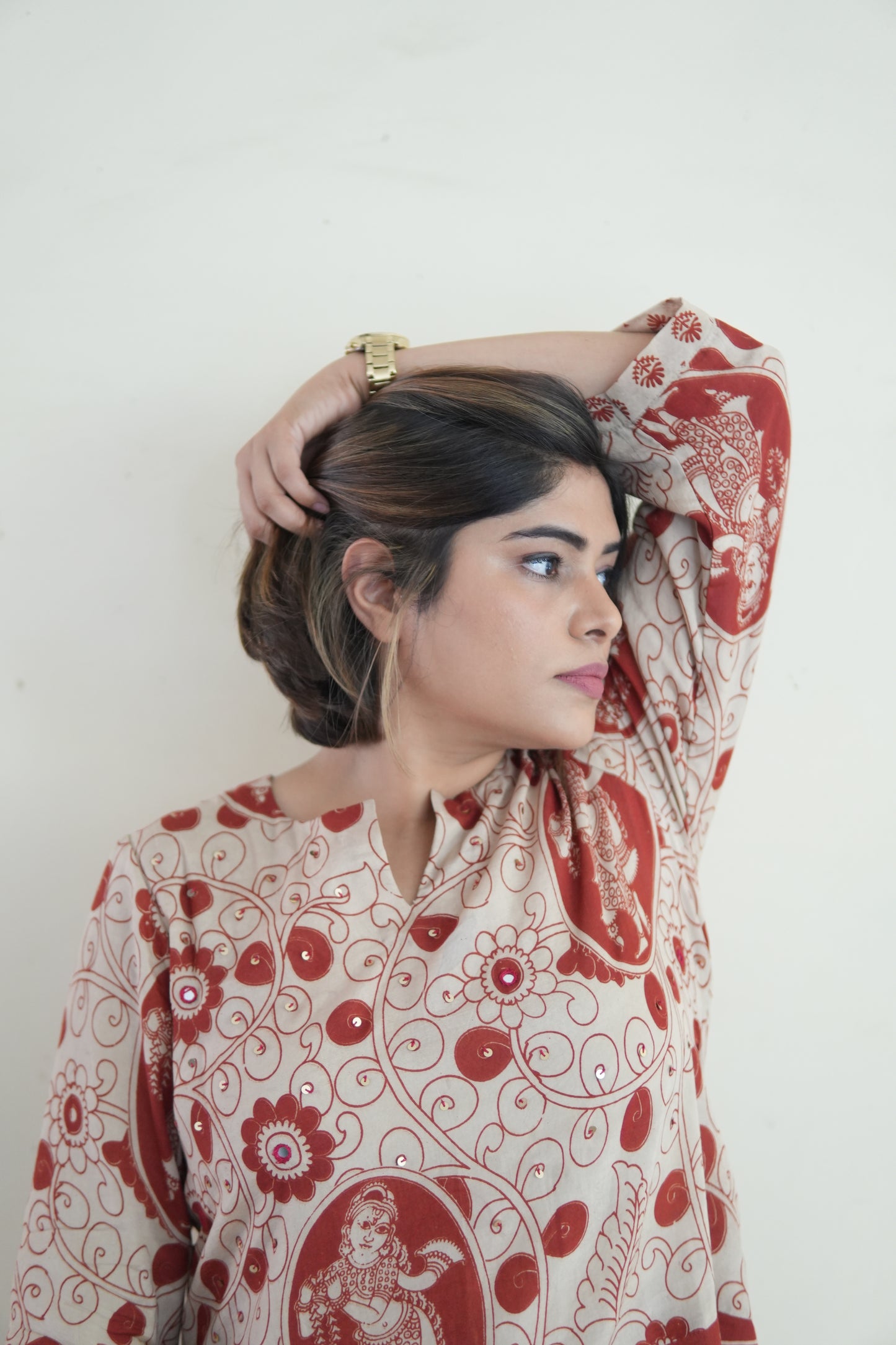 OCHRE AND IVORY KALAMKARI A-LINE KURTA AND PANTS