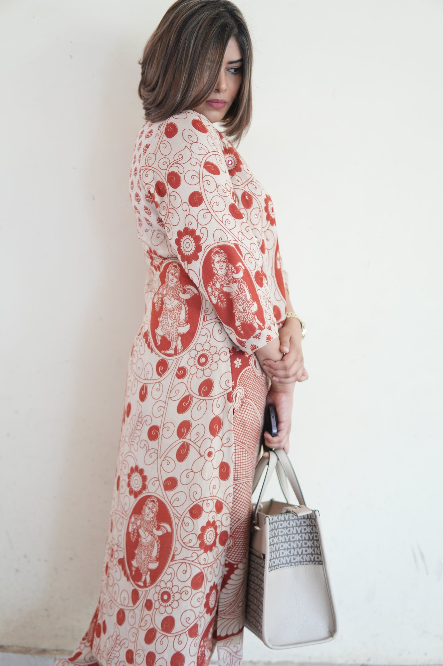 OCHRE AND IVORY KALAMKARI A-LINE KURTA AND PANTS