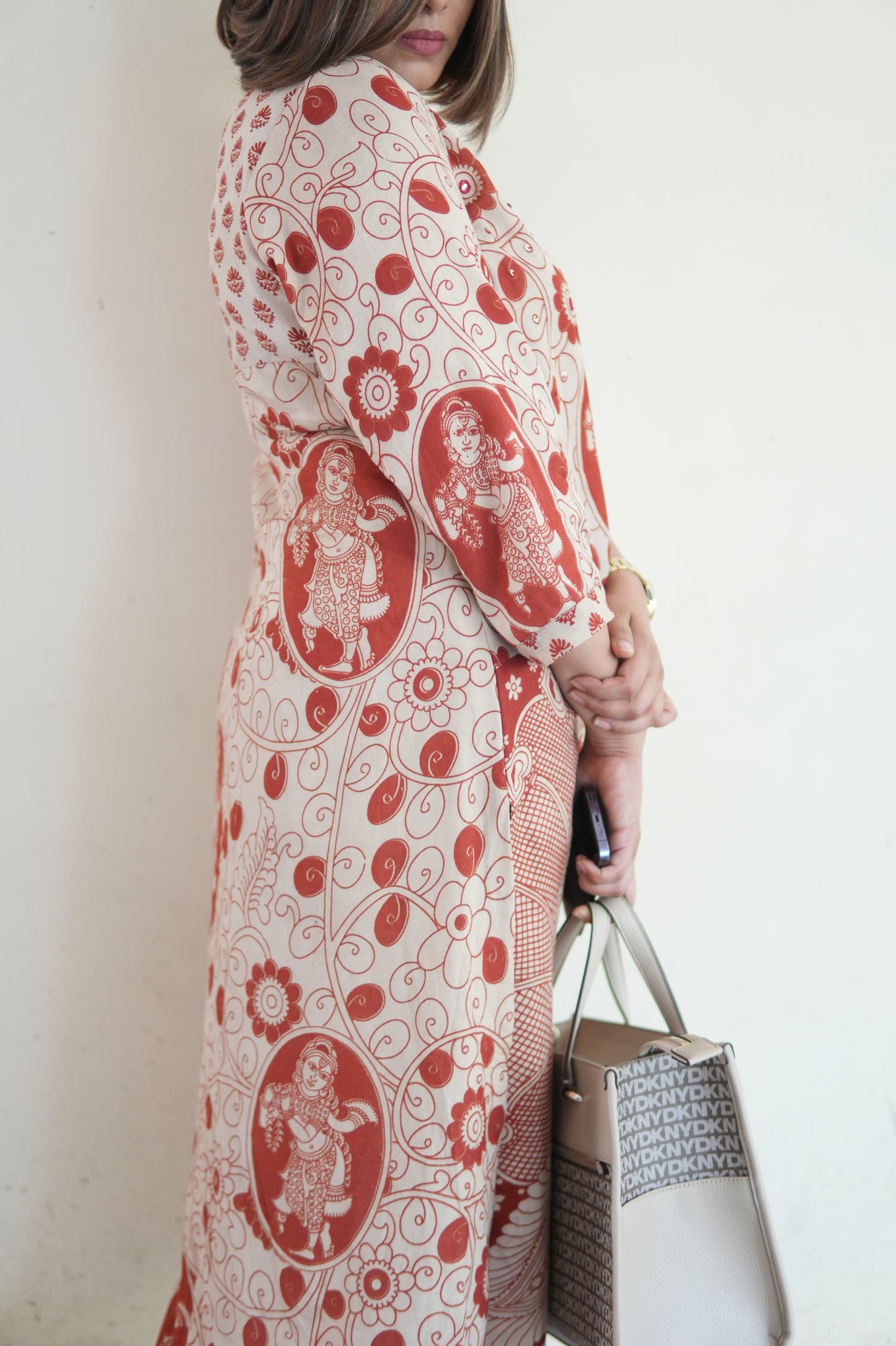 OCHRE AND IVORY KALAMKARI A-LINE KURTA AND PANTS