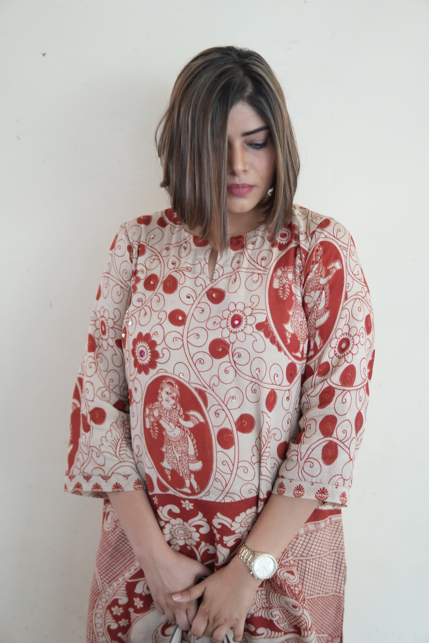 OCHRE AND IVORY KALAMKARI A-LINE KURTA AND PANTS