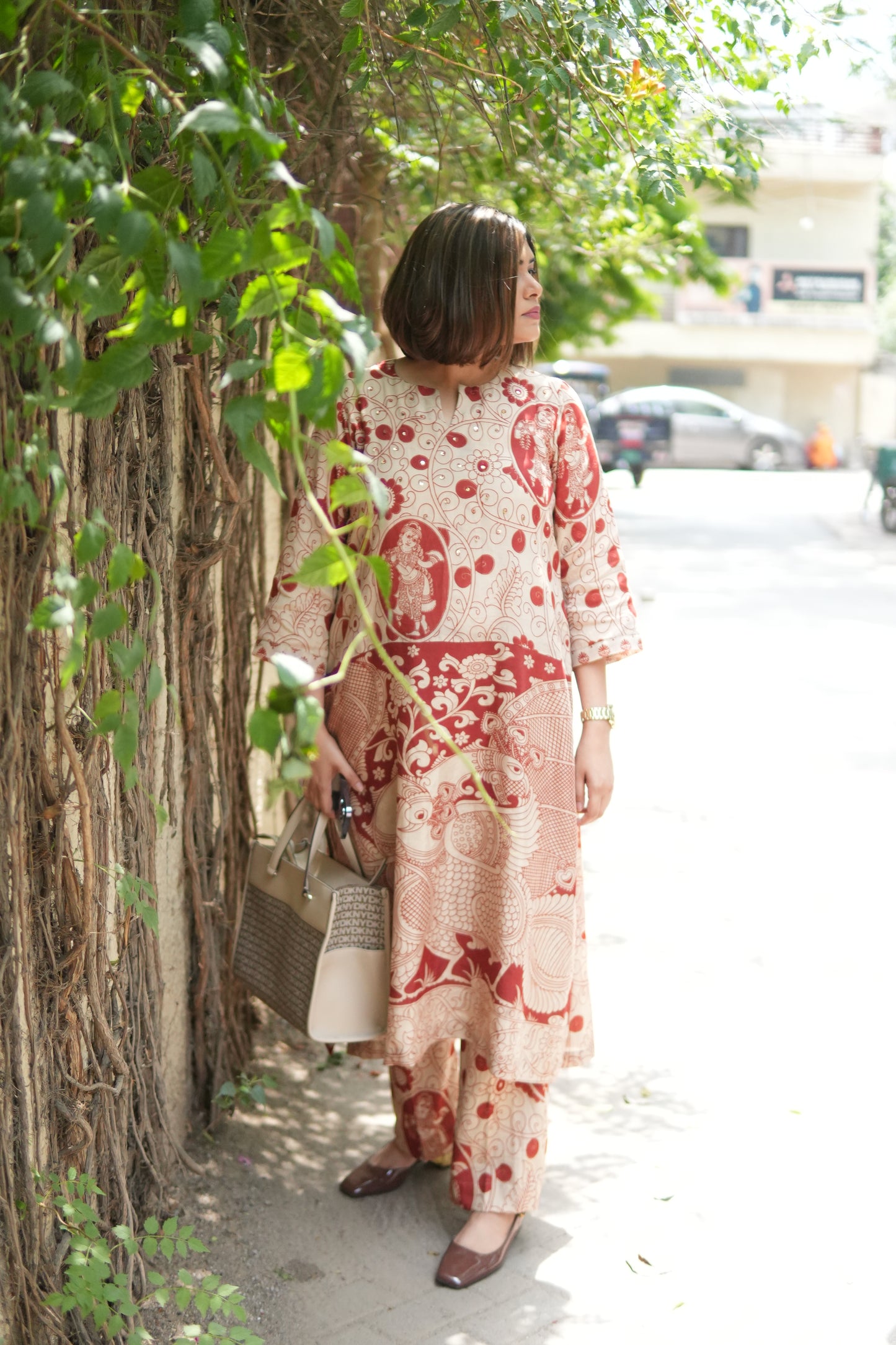 OCHRE AND IVORY KALAMKARI A-LINE KURTA AND PANTS