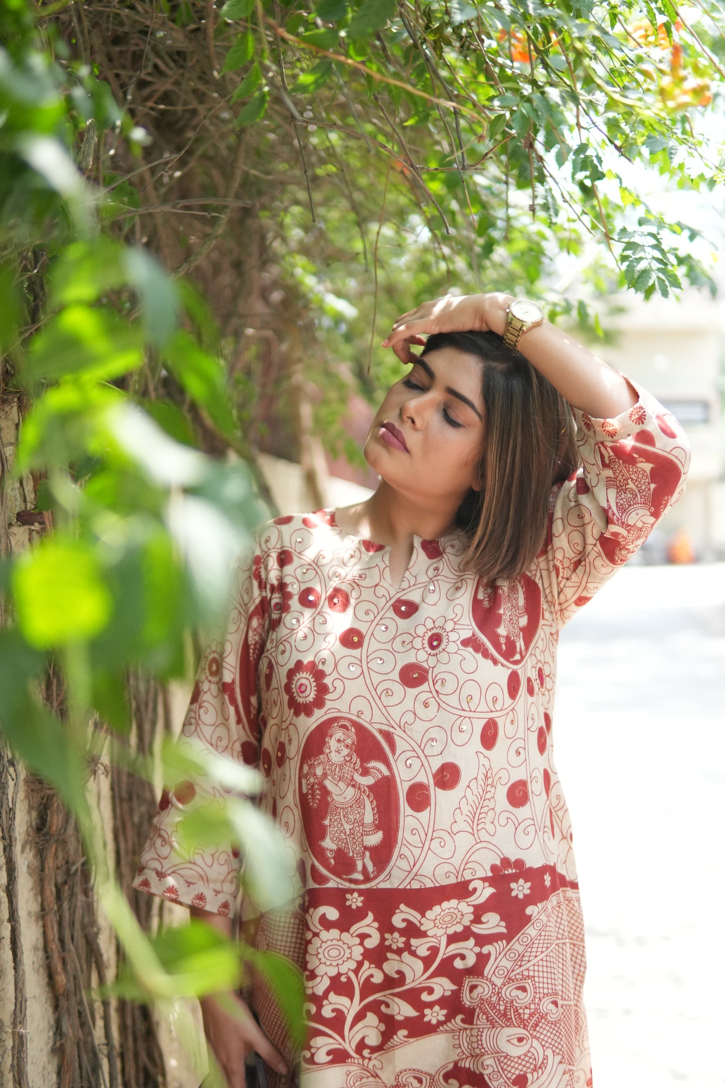 OCHRE AND IVORY KALAMKARI A-LINE KURTA AND PANTS