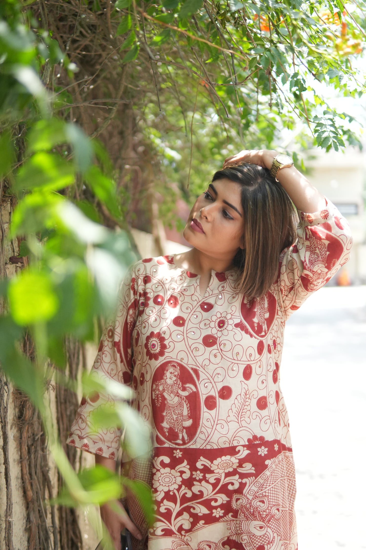 OCHRE AND IVORY KALAMKARI A-LINE KURTA AND PANTS