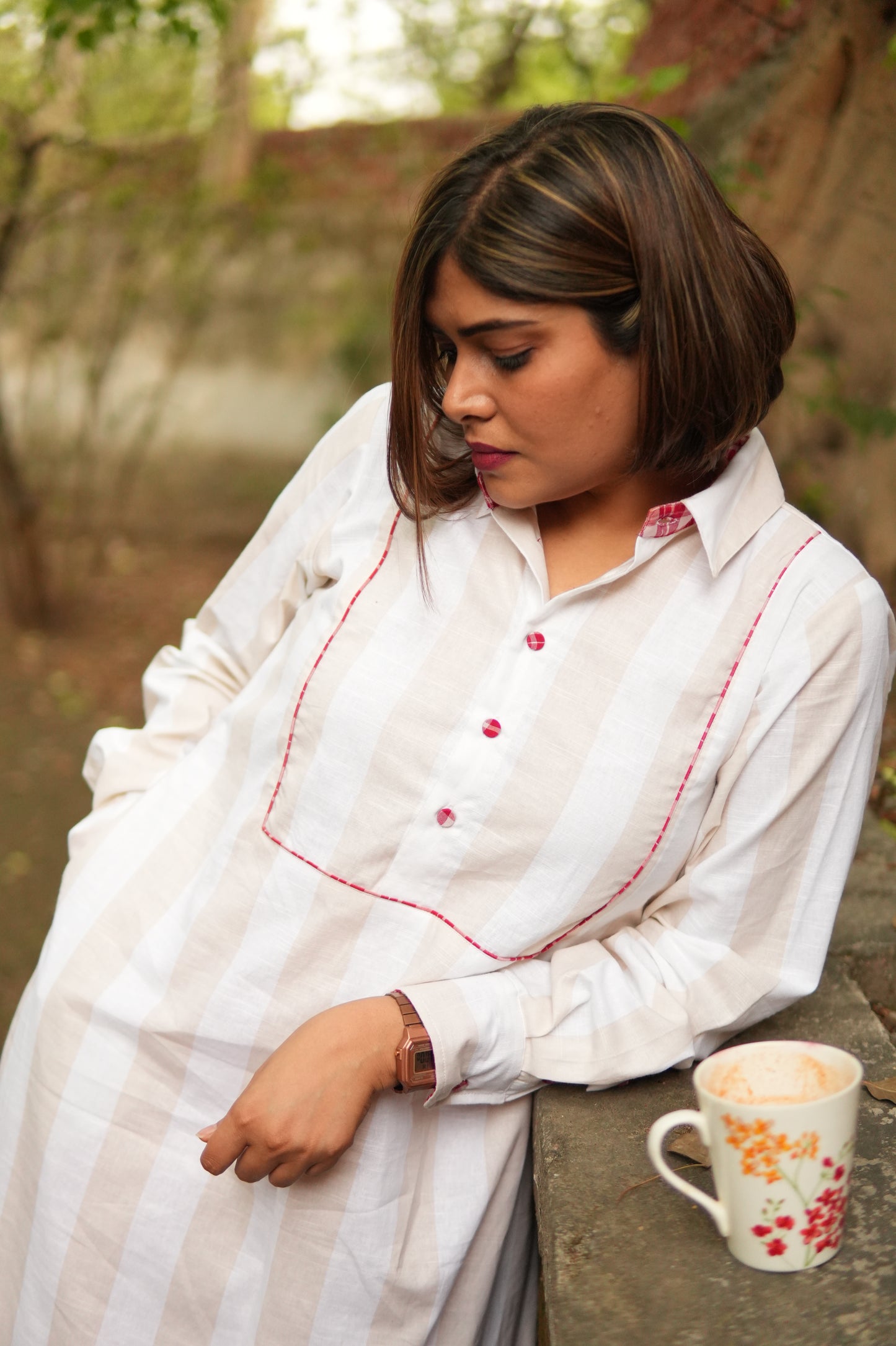 BAHAAR OFF-WHITE AND BEIGE SHIRT KURTA AND CHECKERED PANTS