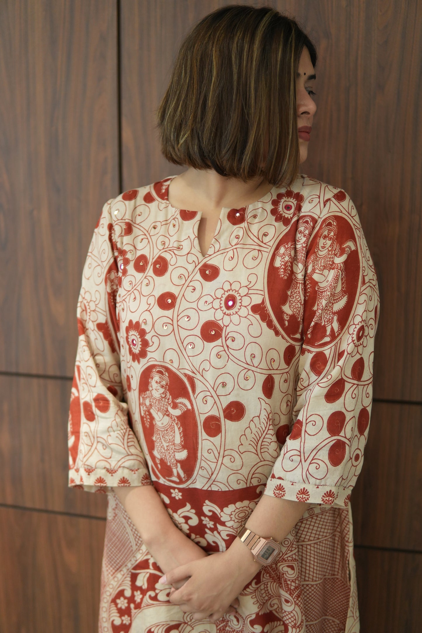 OCHRE AND IVORY KALAMKARI A-LINE KURTA AND PANTS