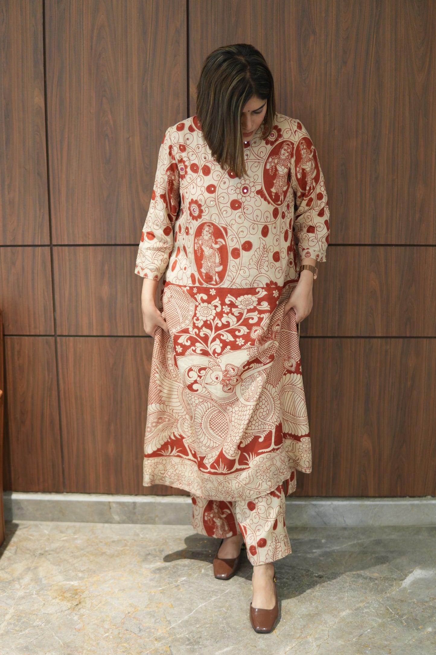 OCHRE AND IVORY KALAMKARI A-LINE KURTA AND PANTS