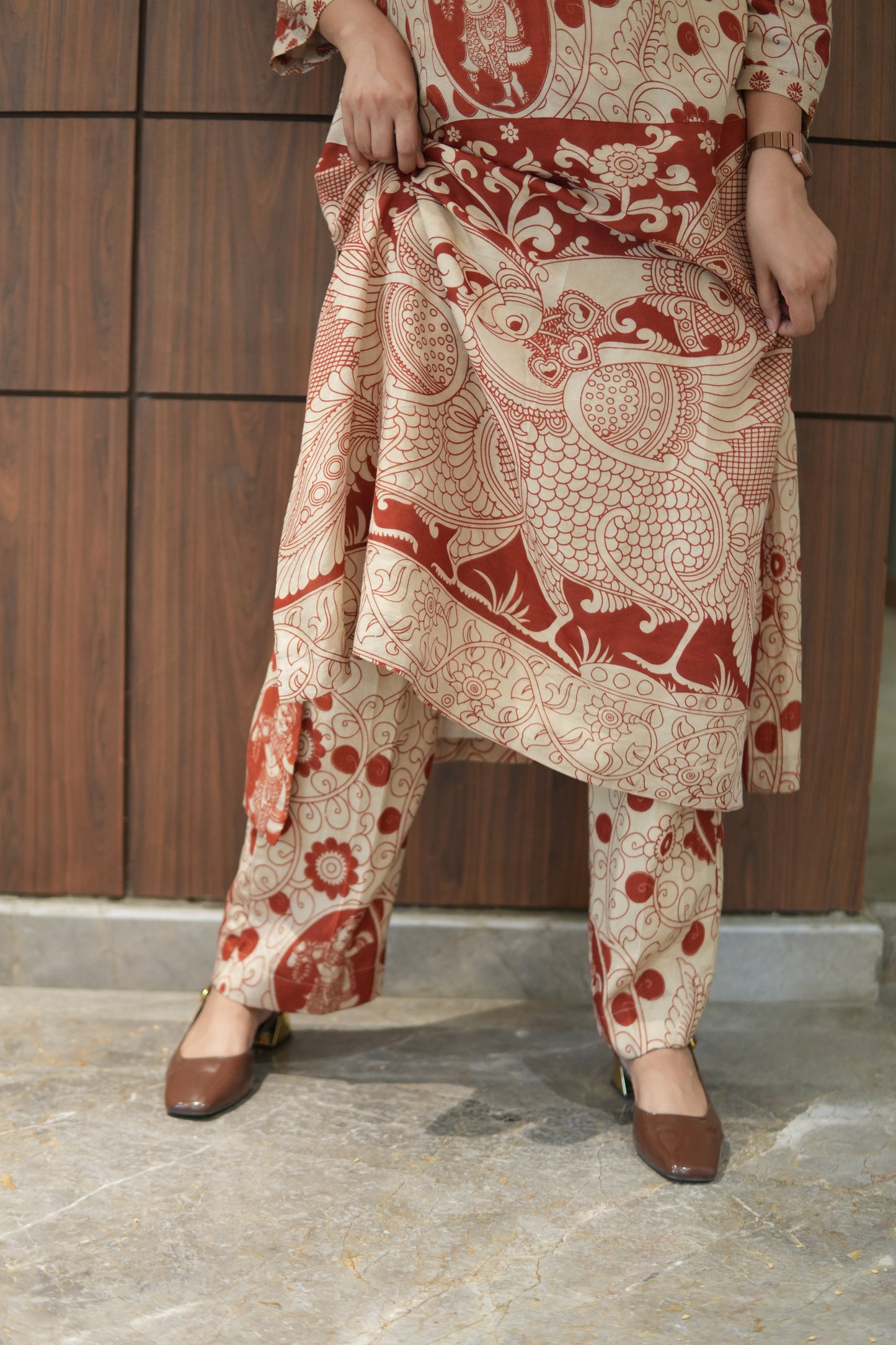 OCHRE AND IVORY KALAMKARI A-LINE KURTA AND PANTS
