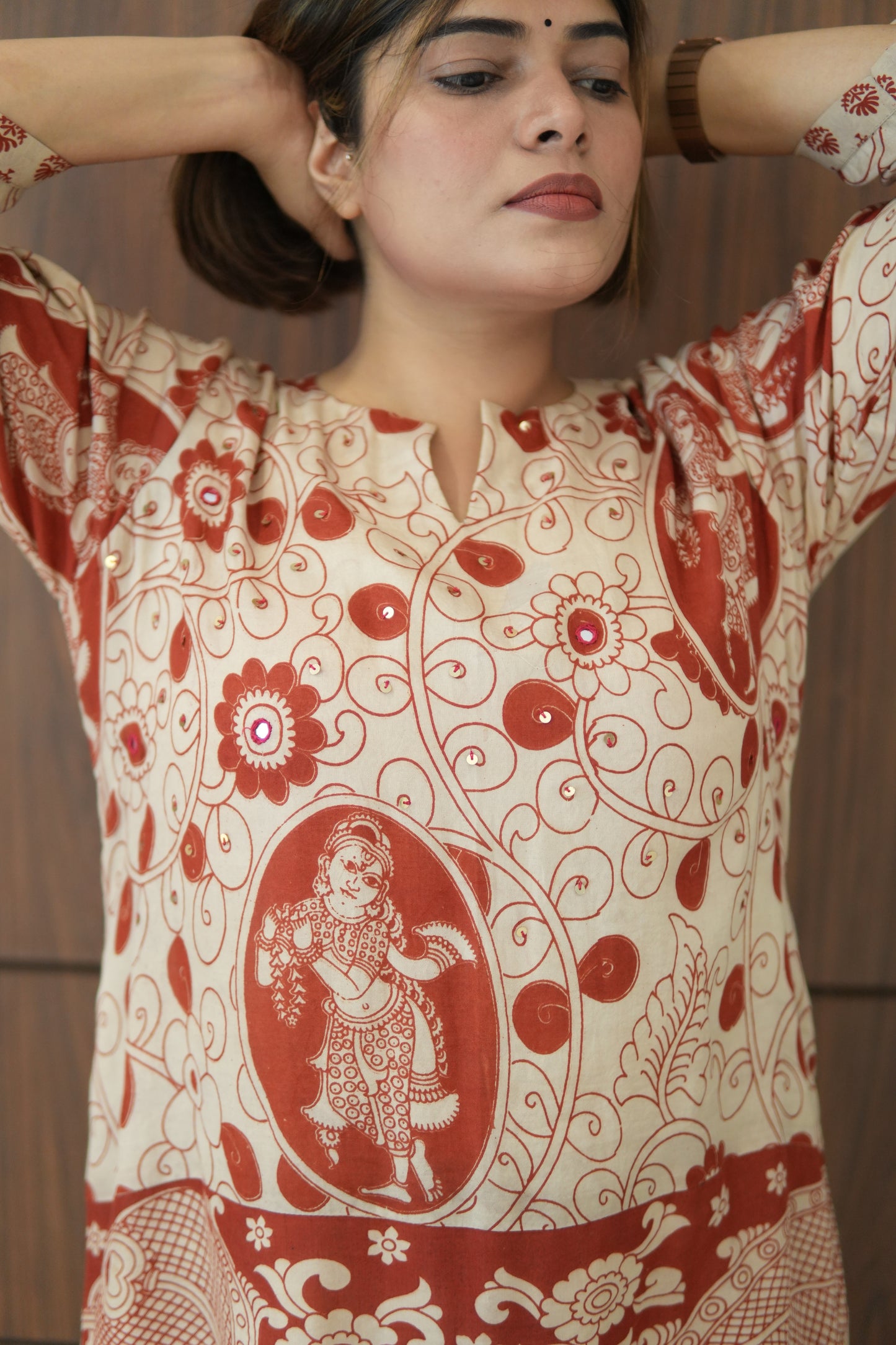 OCHRE AND IVORY KALAMKARI A-LINE KURTA AND PANTS