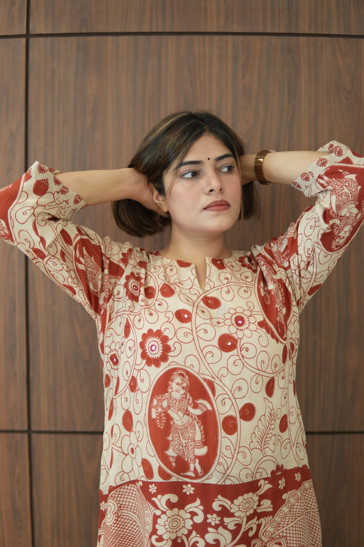 OCHRE AND IVORY KALAMKARI A-LINE KURTA AND PANTS