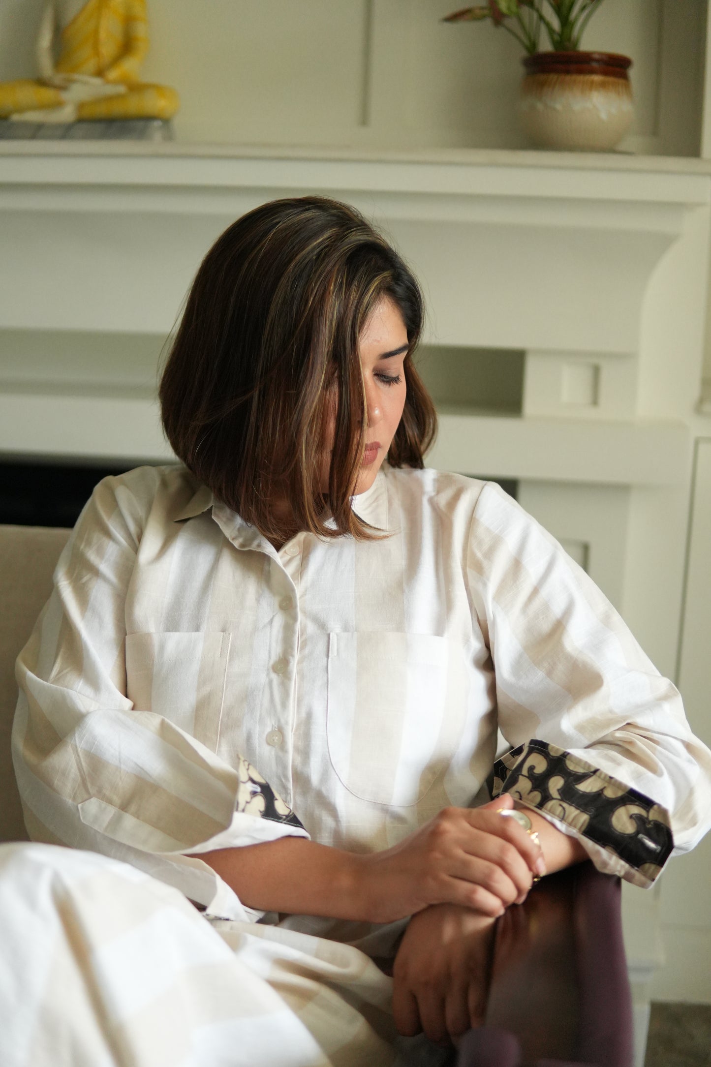SAAZ LINEN IVORY AND BEIGE KURTA AND PANTS