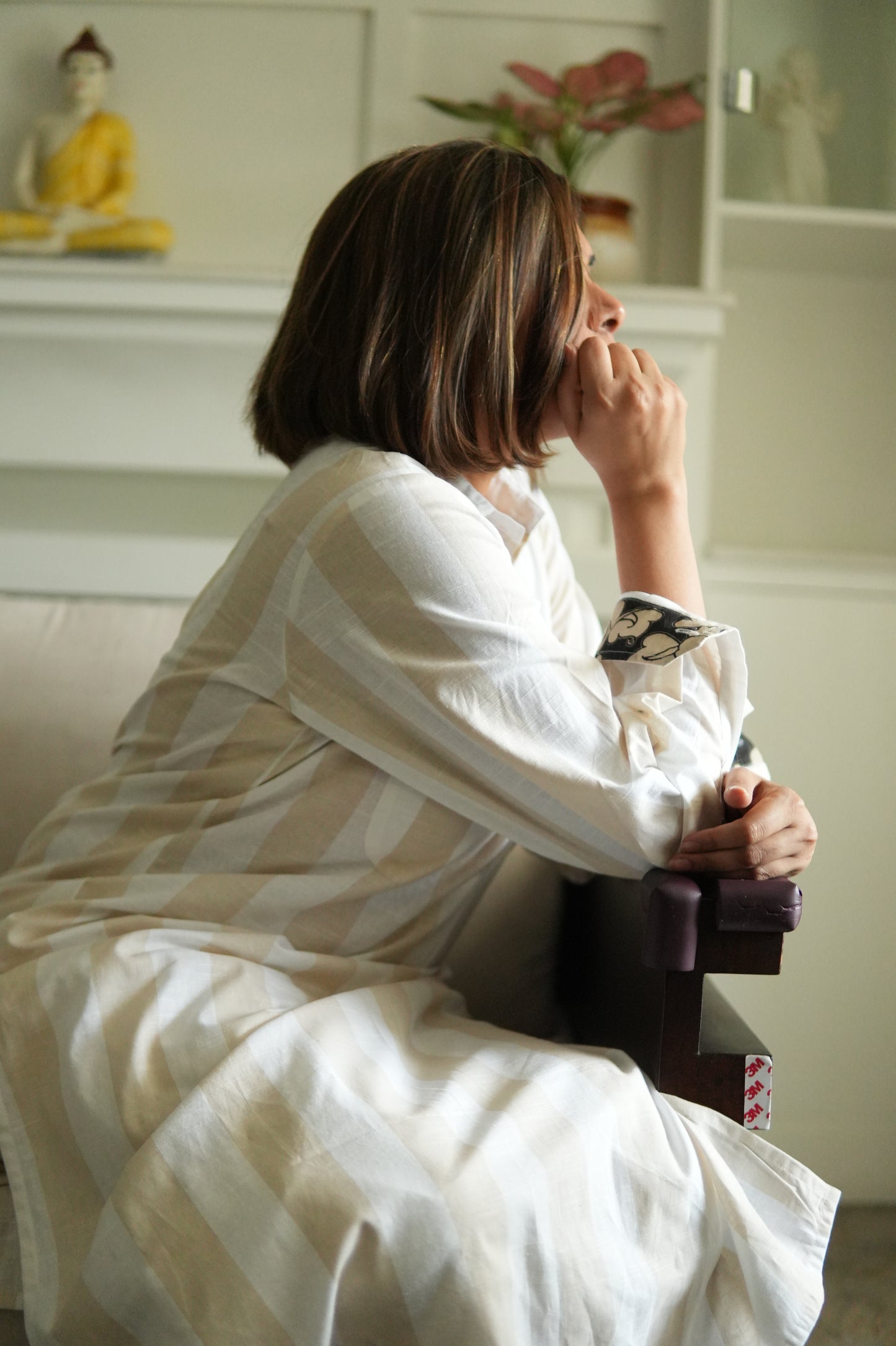 SAAZ LINEN IVORY AND BEIGE KURTA AND PANTS