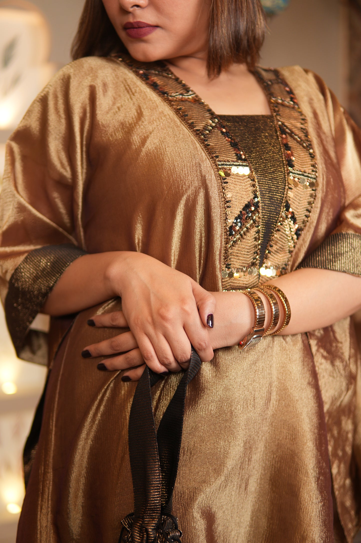 SUNEHRI CRUSHED TISSUE LONG KAFTAN