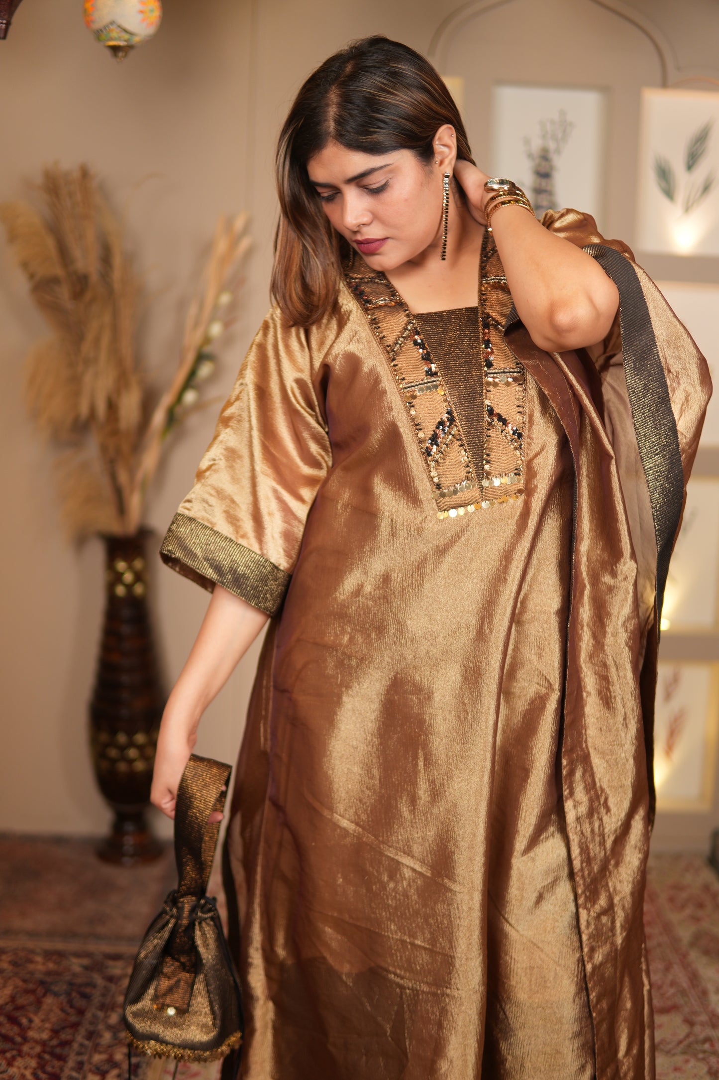 SUNEHRI CRUSHED TISSUE LONG KAFTAN