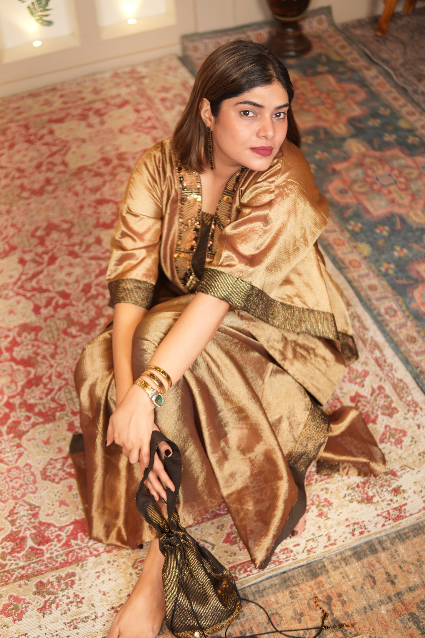 SUNEHRI CRUSHED TISSUE LONG KAFTAN