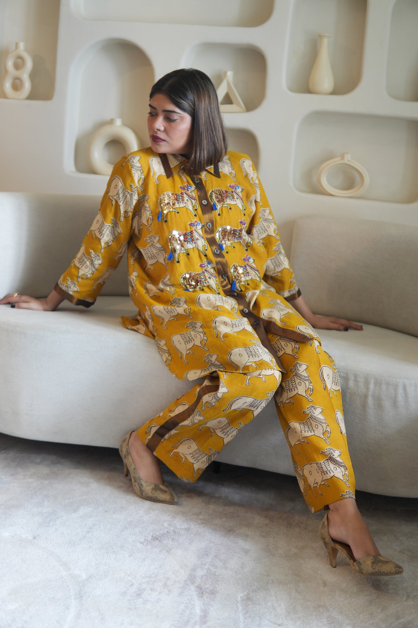 NANDI KALAMKARI COLLARED SHIRT AND PANTS WITH HAND EMBROIDERY