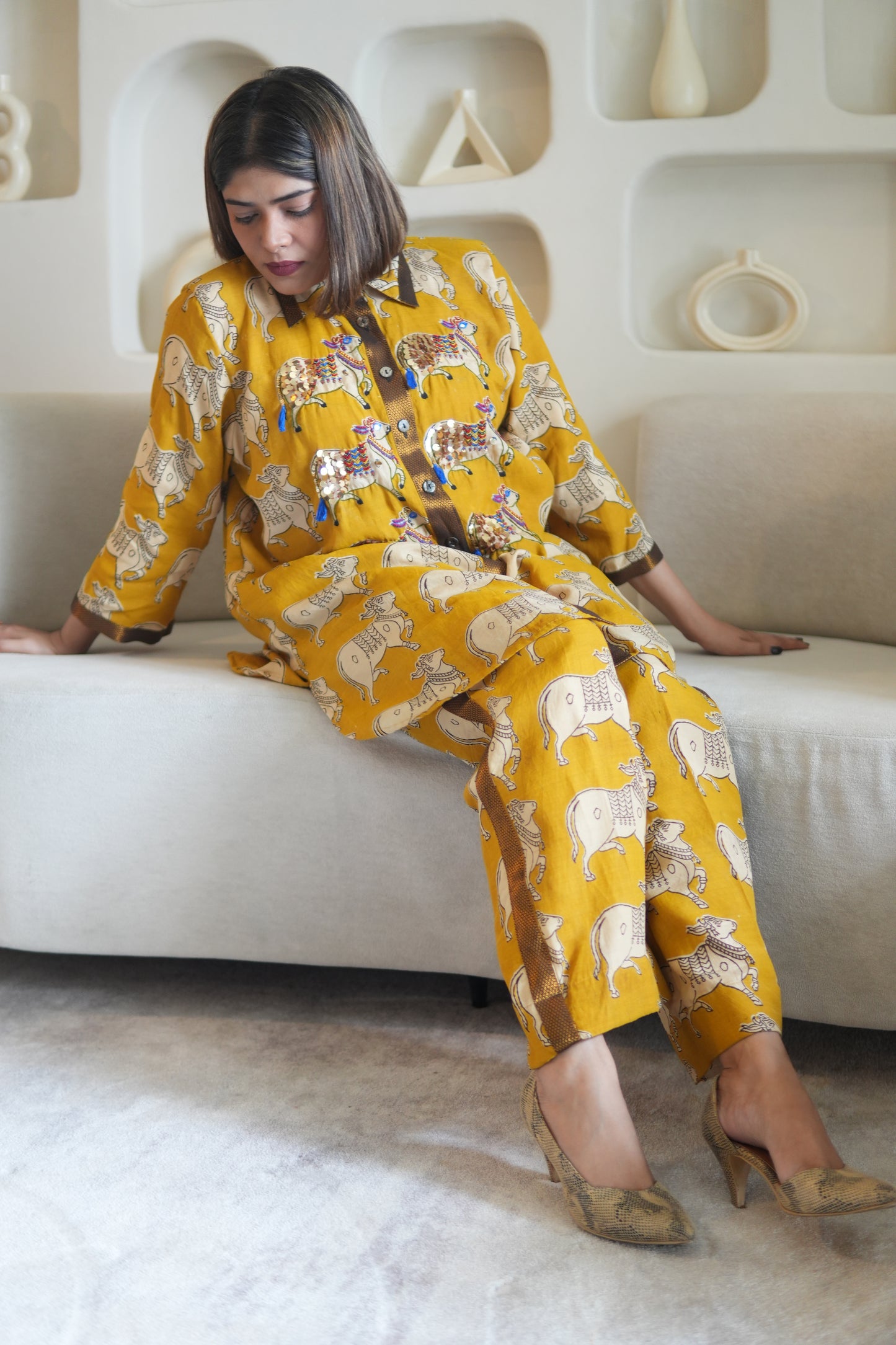 NANDI KALAMKARI COLLARED SHIRT AND PANTS WITH HAND EMBROIDERY