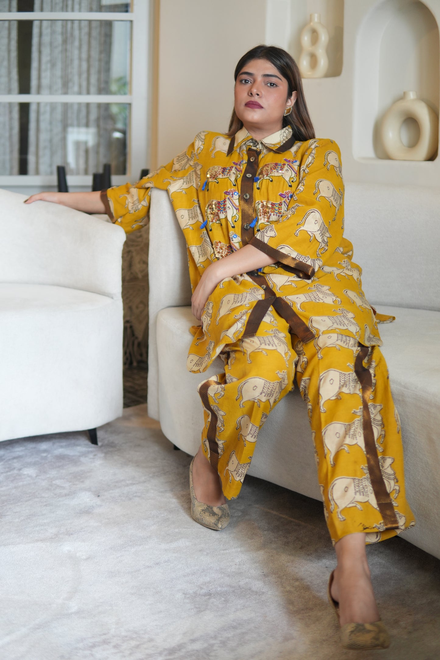 NANDI KALAMKARI COLLARED SHIRT AND PANTS WITH HAND EMBROIDERY