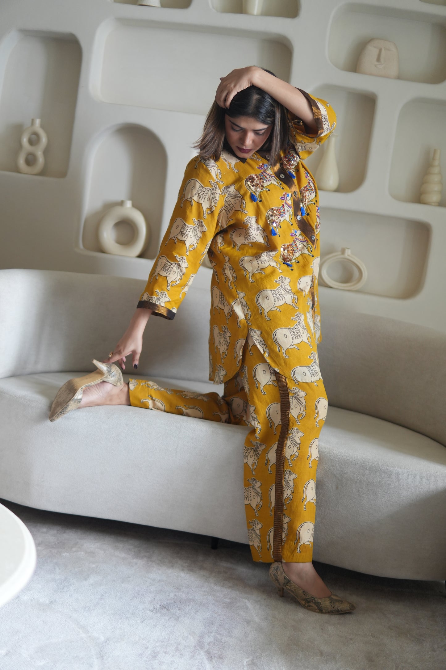 NANDI KALAMKARI COLLARED SHIRT AND PANTS WITH HAND EMBROIDERY