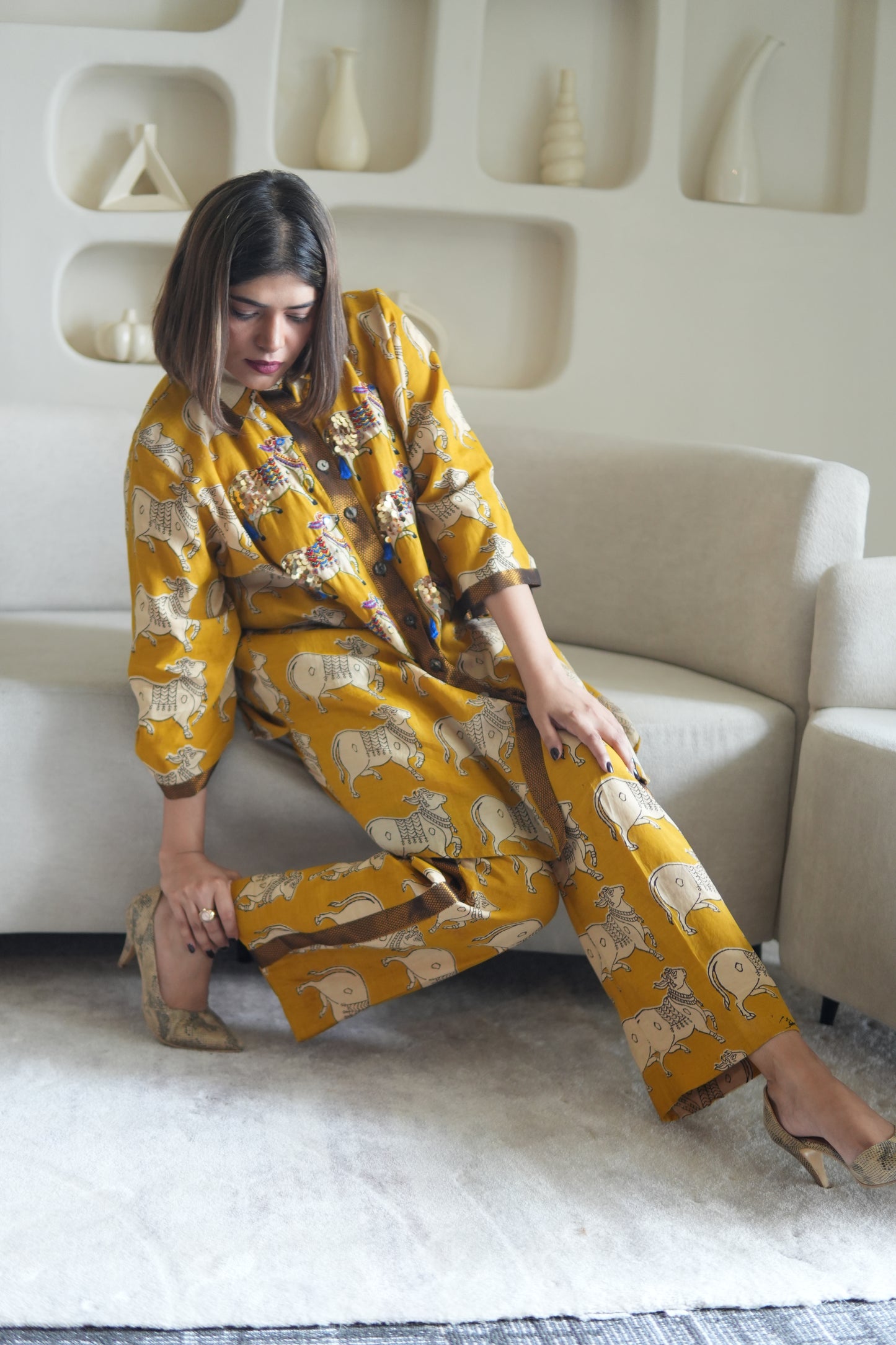NANDI KALAMKARI COLLARED SHIRT AND PANTS WITH HAND EMBROIDERY