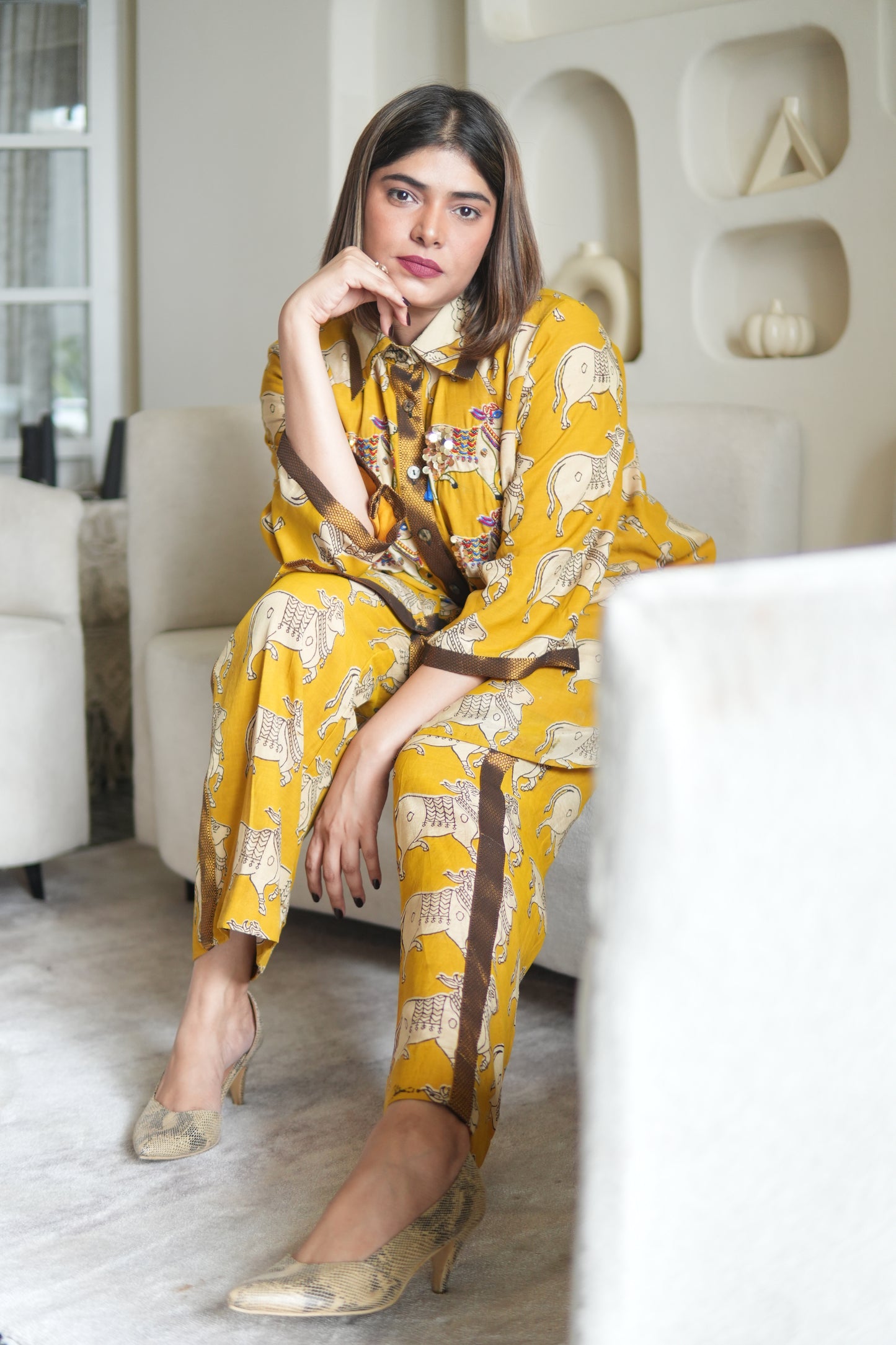NANDI KALAMKARI COLLARED SHIRT AND PANTS WITH HAND EMBROIDERY