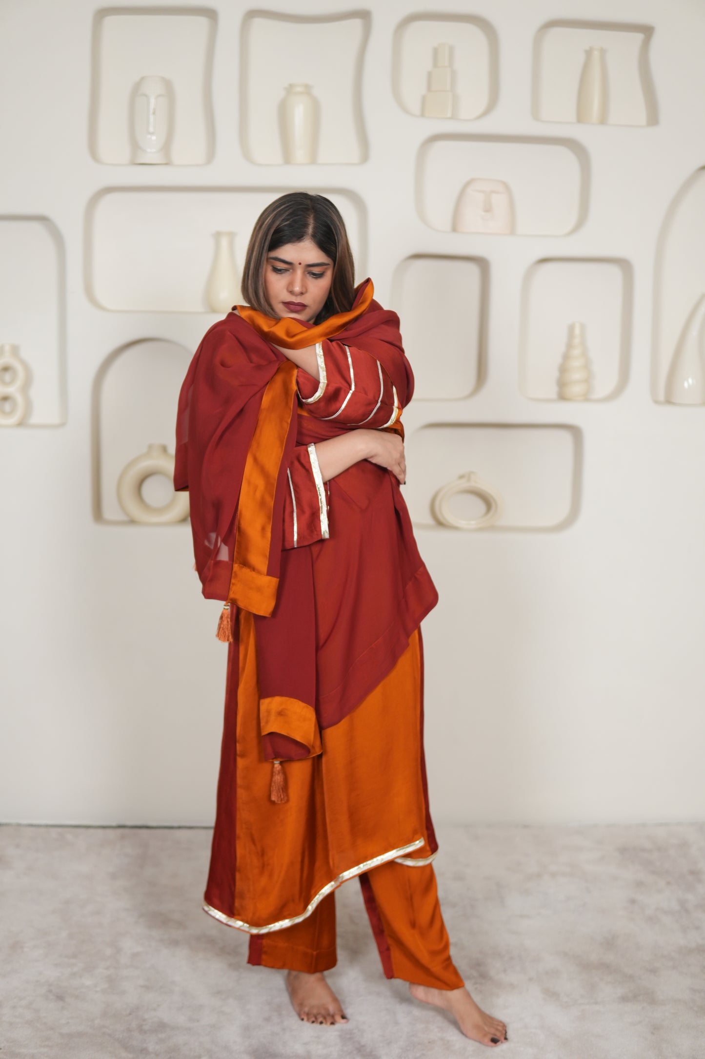 NOOR-E-SEHAR BRICK & SAFFRON KURTA SET