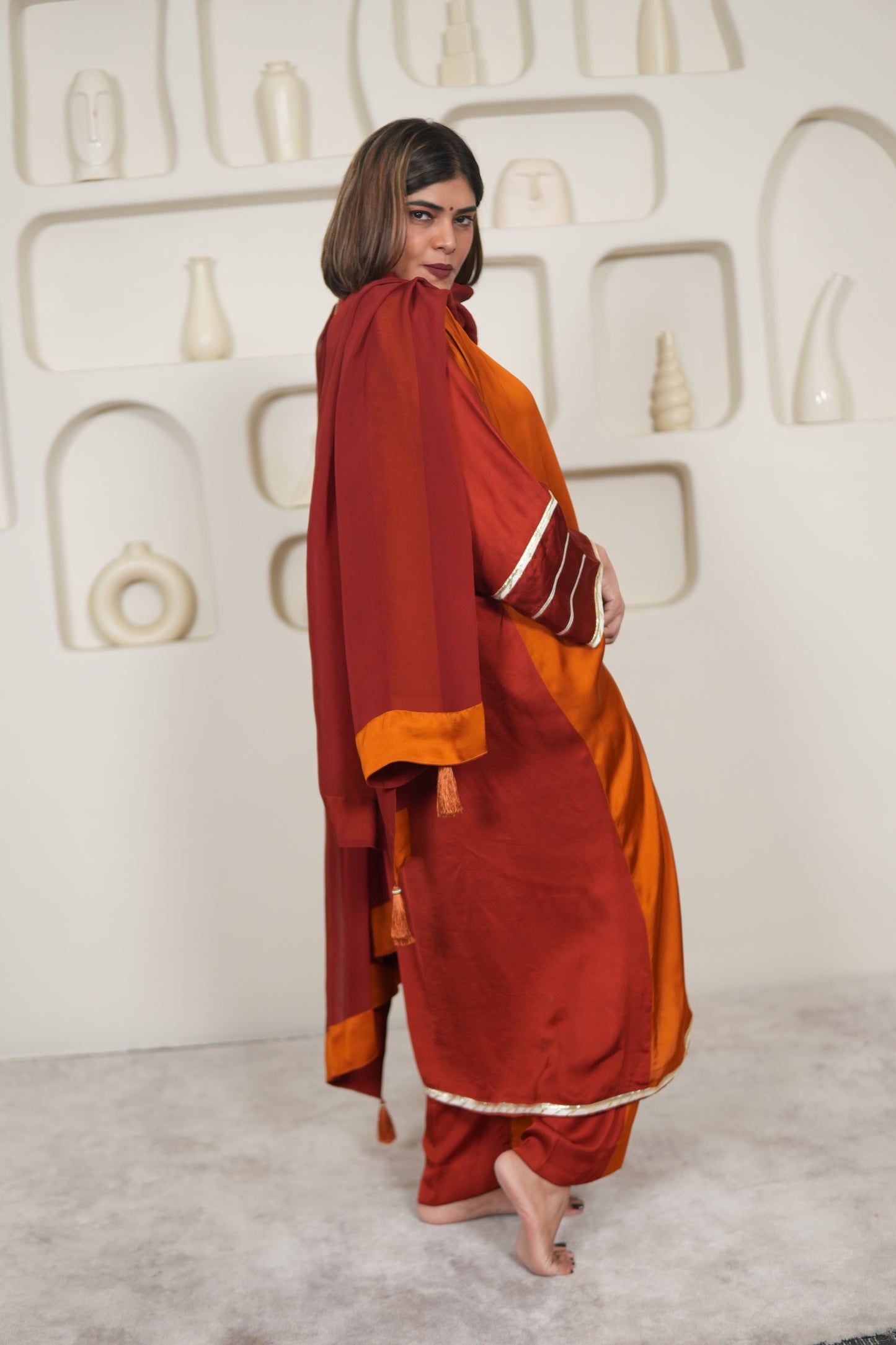 NOOR-E-SEHAR BRICK & SAFFRON KURTA SET