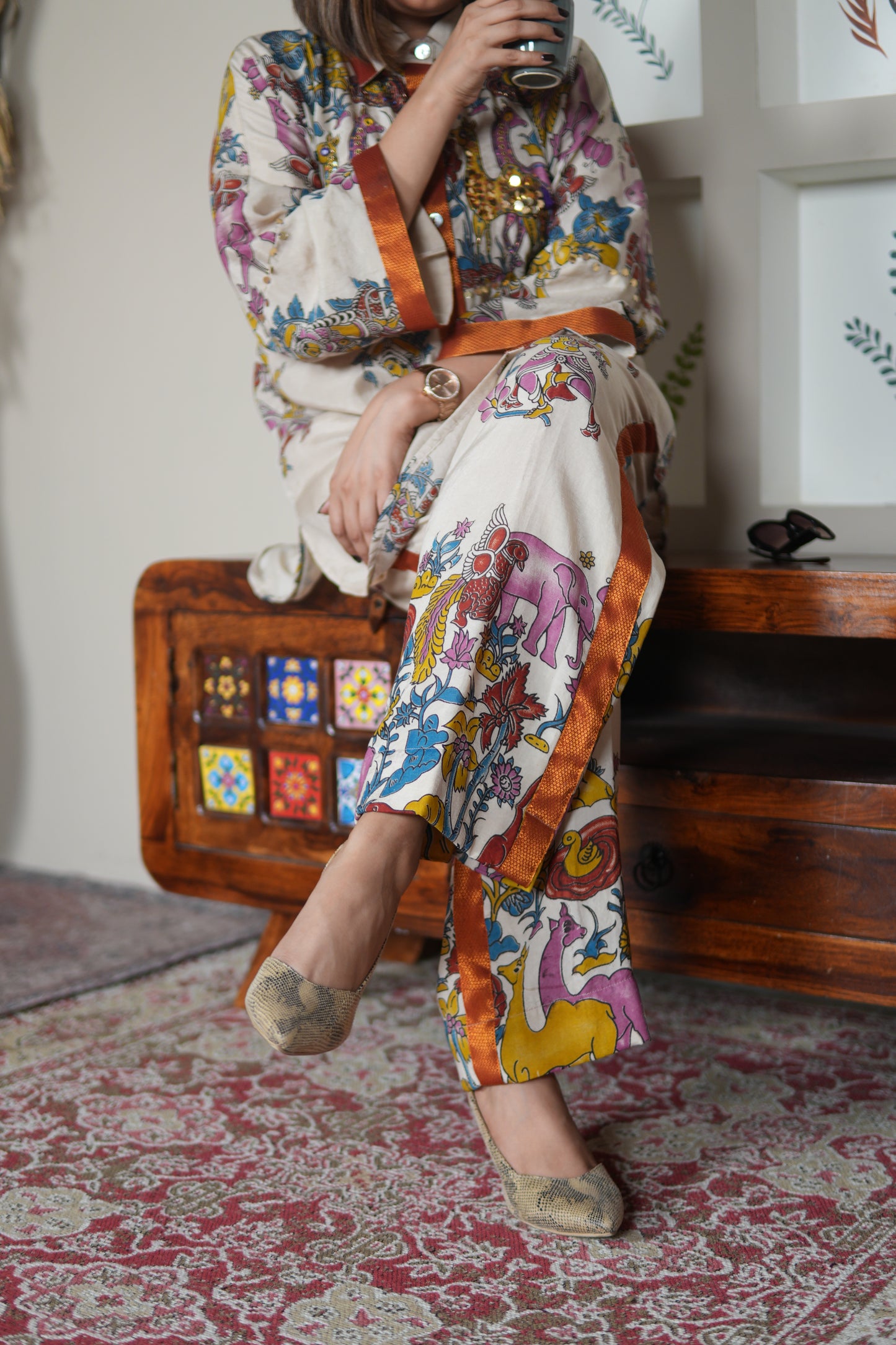 NAYANTARA IVORY KALAMKARI SHIRT AND PANTS SET
