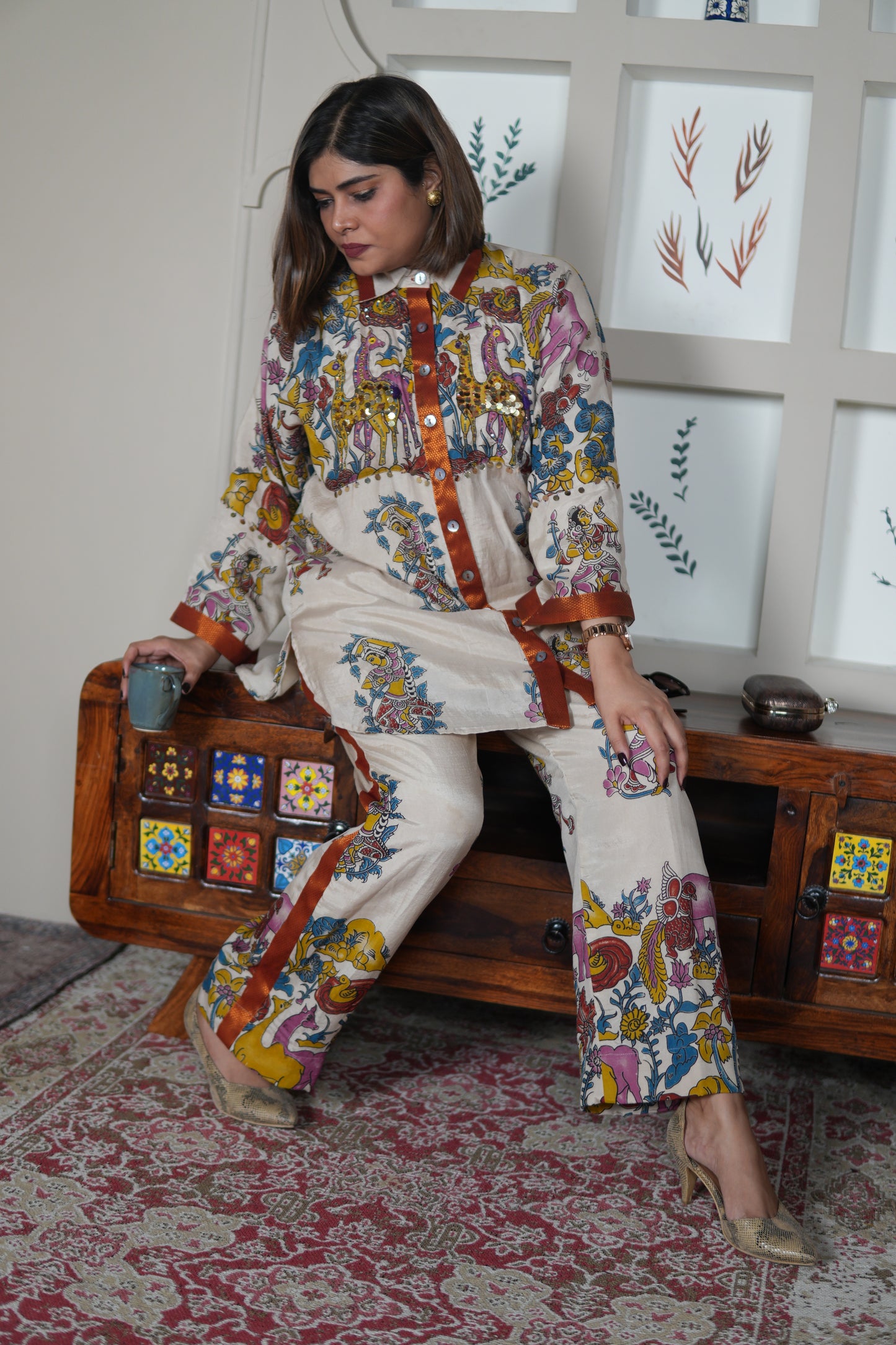 NAYANTARA IVORY KALAMKARI SHIRT AND PANTS SET