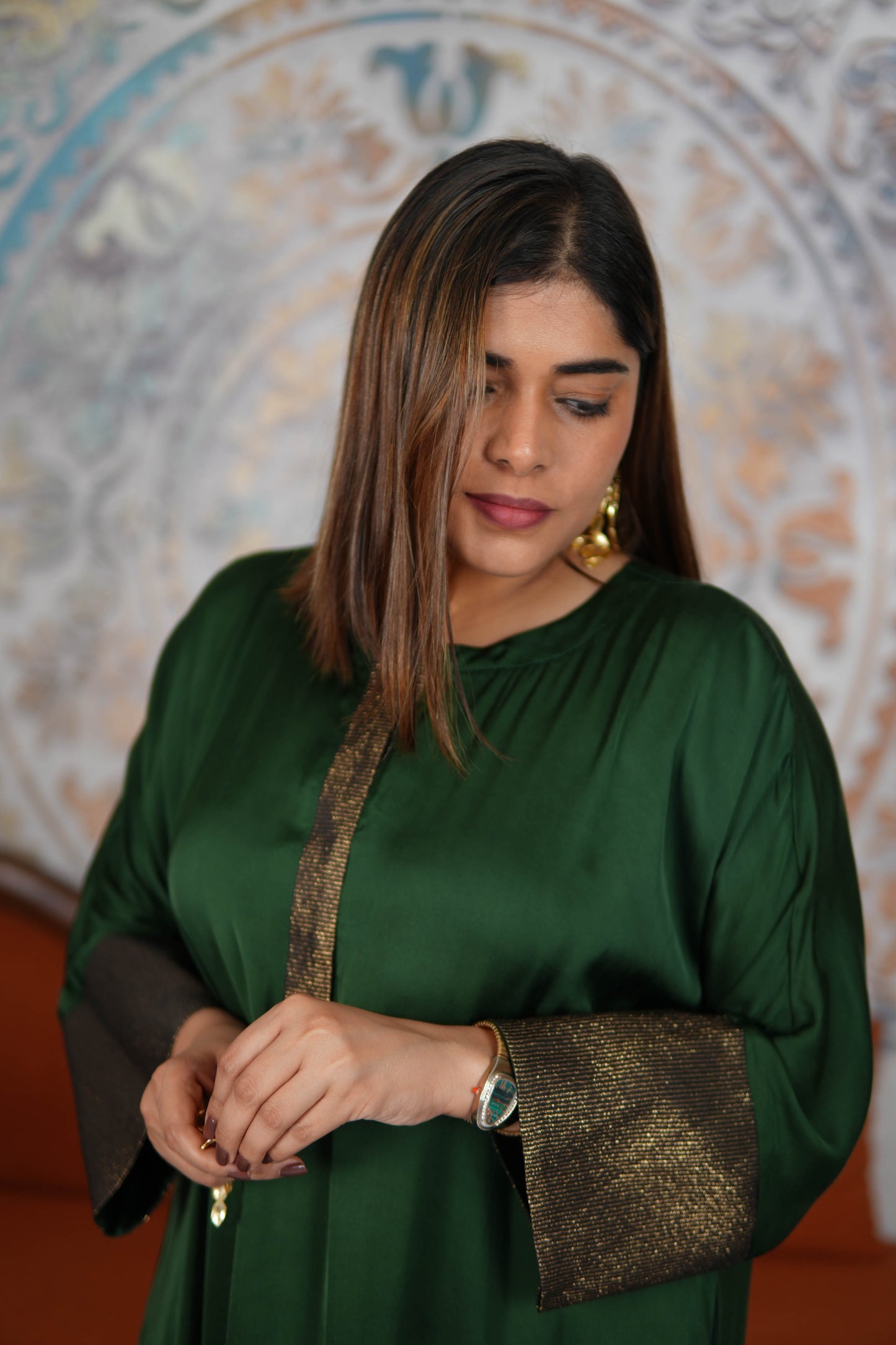 NOOR-E-SABZ EMERALD MODAL SILK KURTA SET WITH BRONZE TISSUE DETAILING