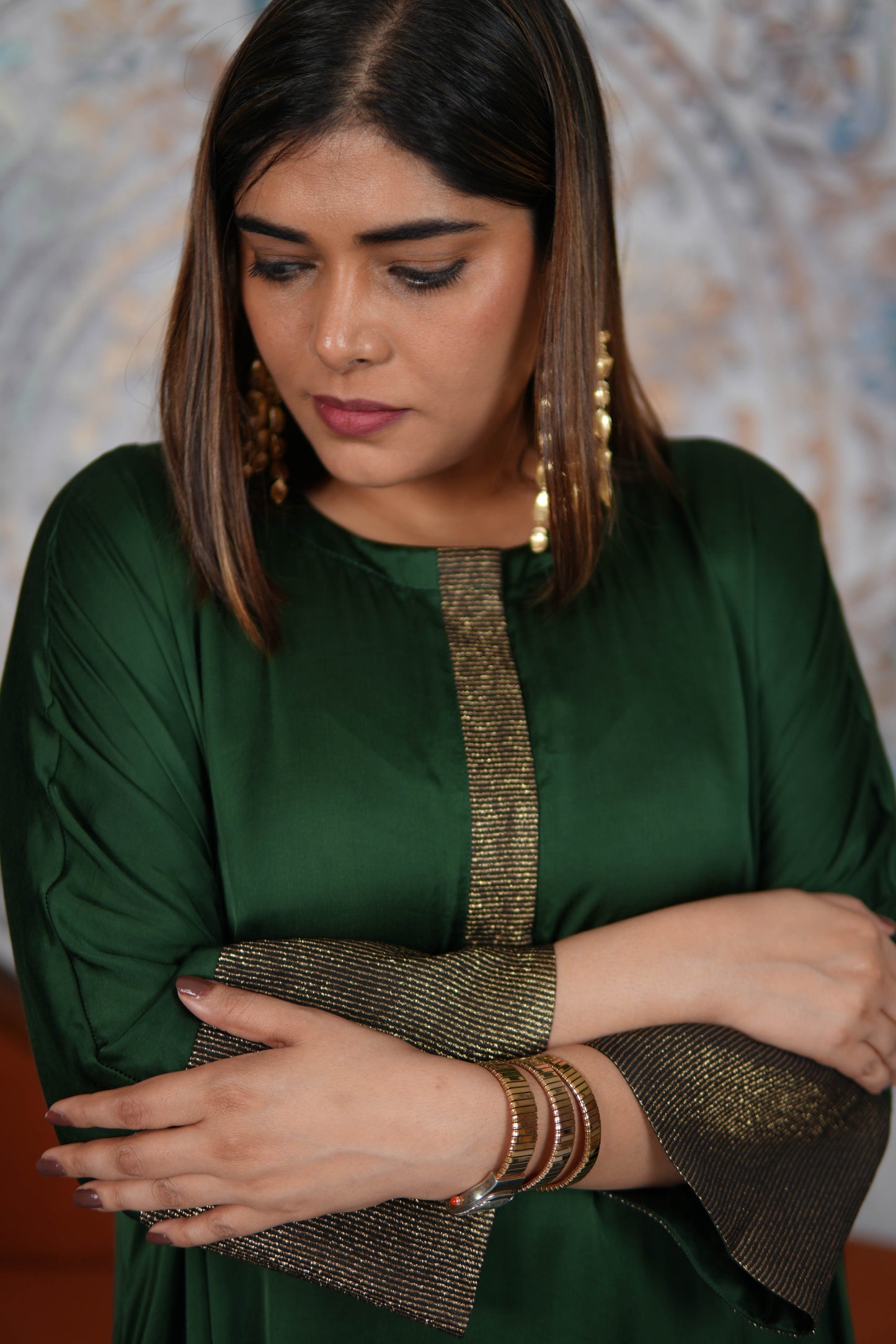 NOOR-E-SABZ EMERALD MODAL SILK KURTA SET WITH BRONZE TISSUE DETAILING