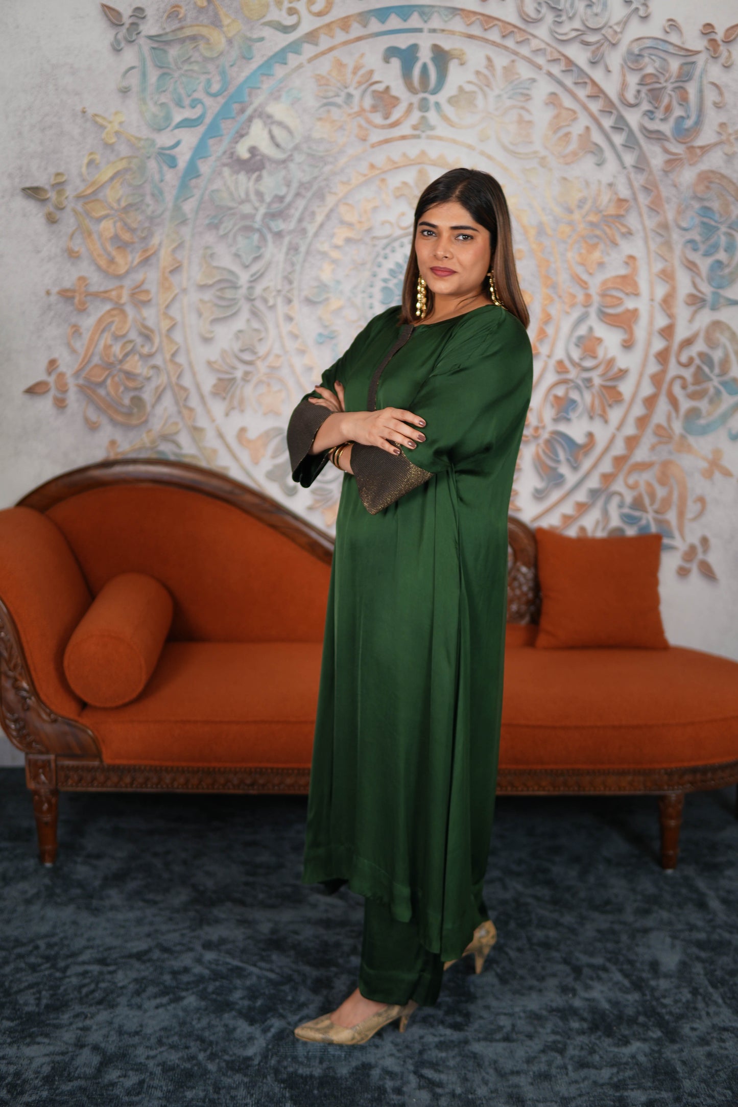 NOOR-E-SABZ EMERALD MODAL SILK KURTA SET WITH BRONZE TISSUE DETAILING