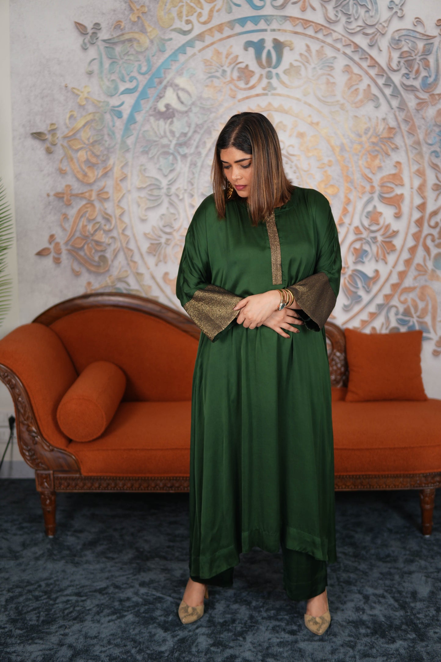 NOOR-E-SABZ EMERALD MODAL SILK KURTA SET WITH BRONZE TISSUE DETAILING