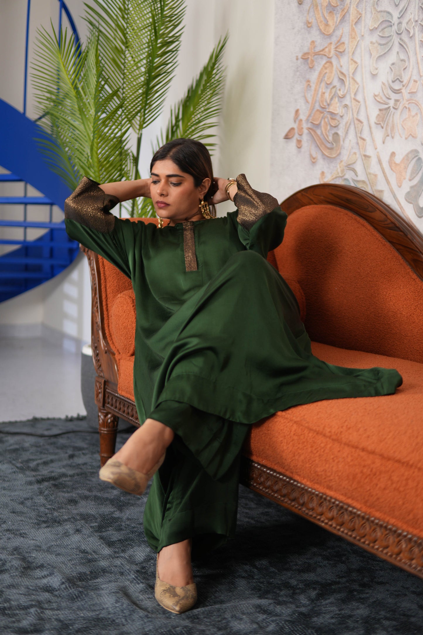 NOOR-E-SABZ EMERALD MODAL SILK KURTA SET WITH BRONZE TISSUE DETAILING