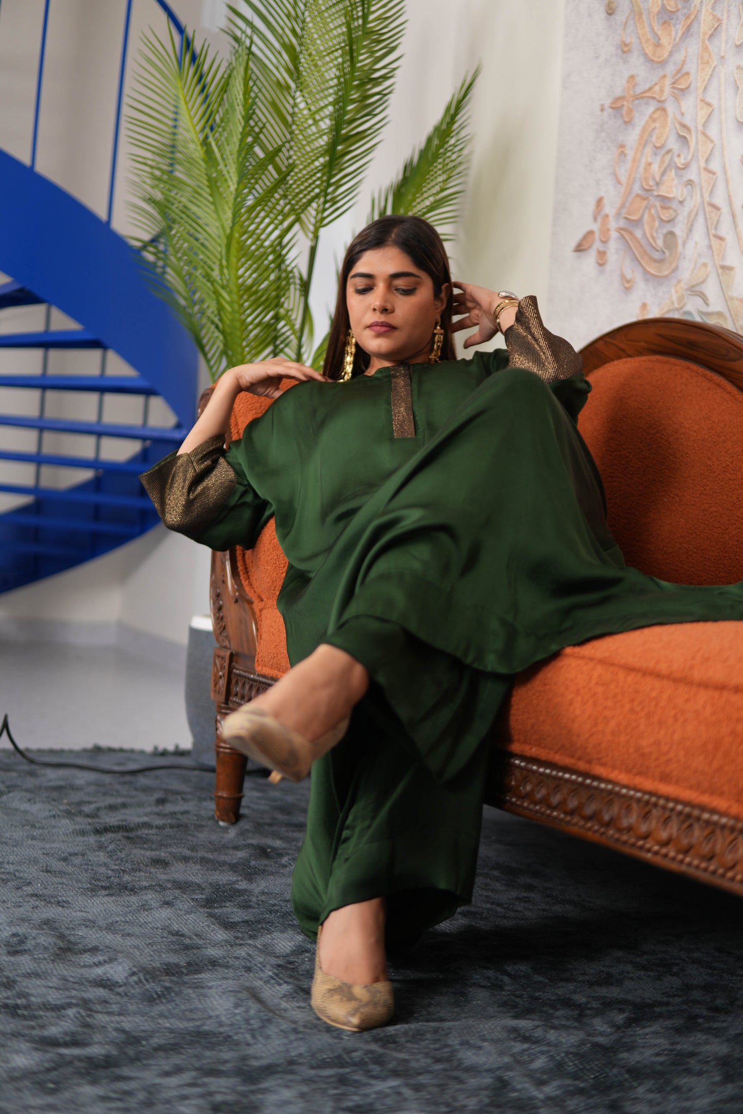 NOOR-E-SABZ EMERALD MODAL SILK KURTA SET WITH BRONZE TISSUE DETAILING