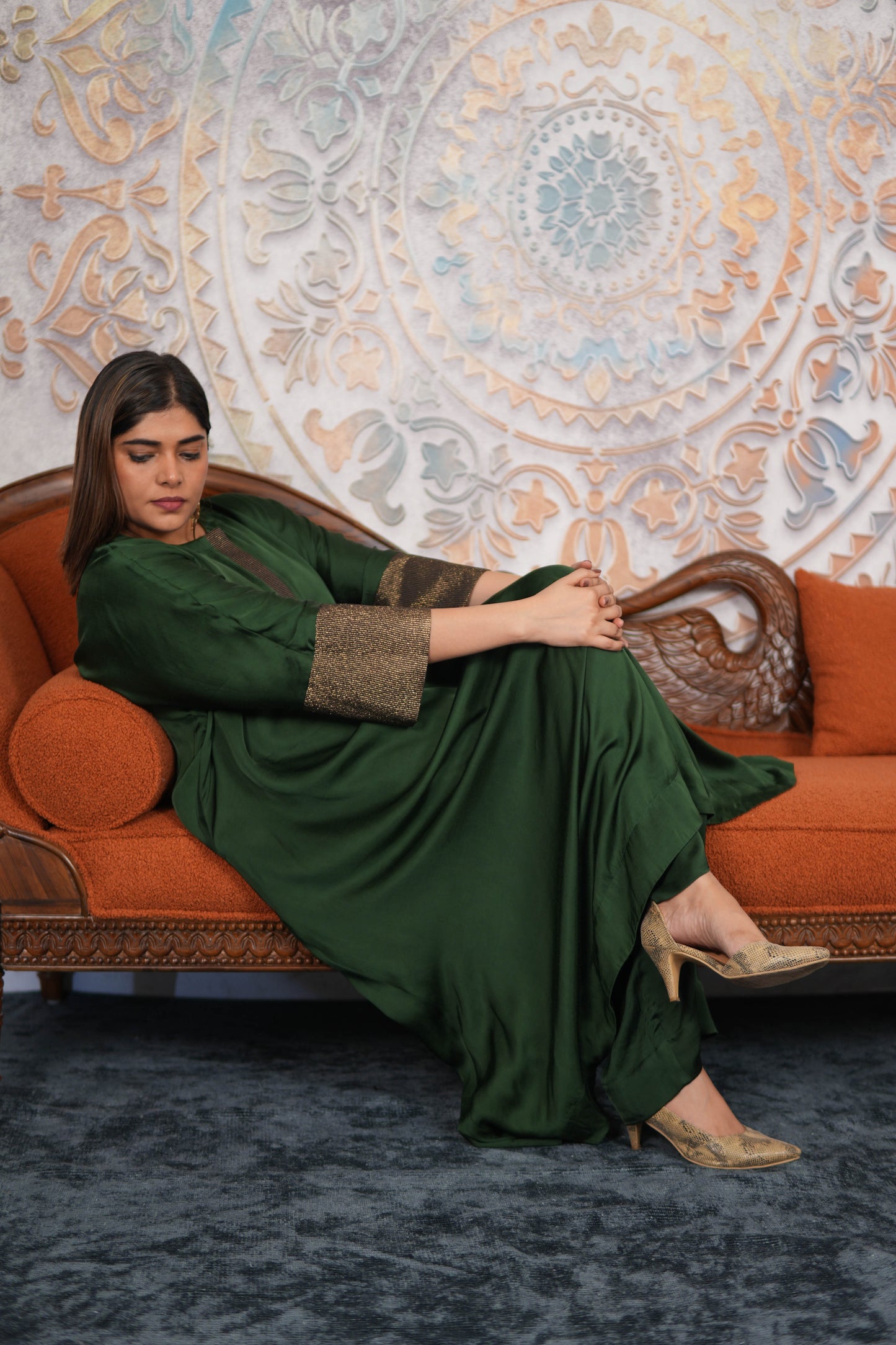 NOOR-E-SABZ EMERALD MODAL SILK KURTA SET WITH BRONZE TISSUE DETAILING