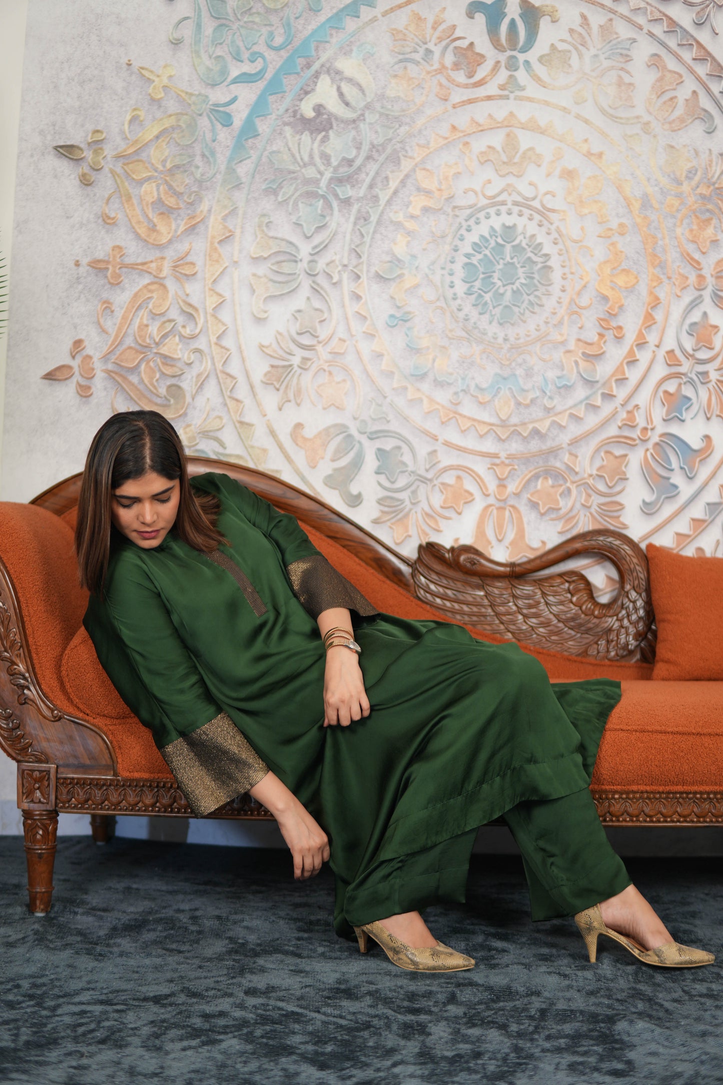 NOOR-E-SABZ EMERALD MODAL SILK KURTA SET WITH BRONZE TISSUE DETAILING