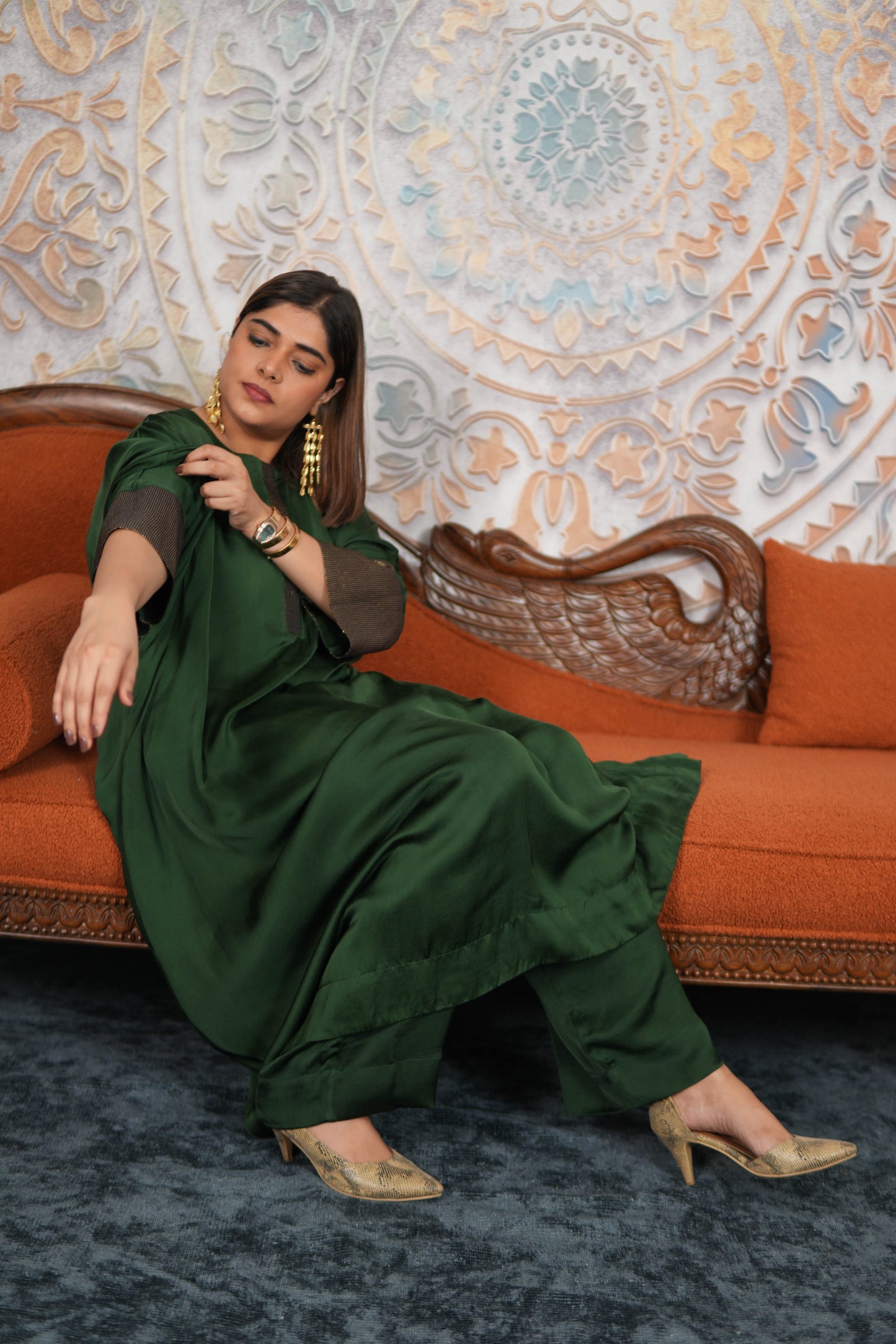 NOOR-E-SABZ EMERALD MODAL SILK KURTA SET WITH BRONZE TISSUE DETAILING