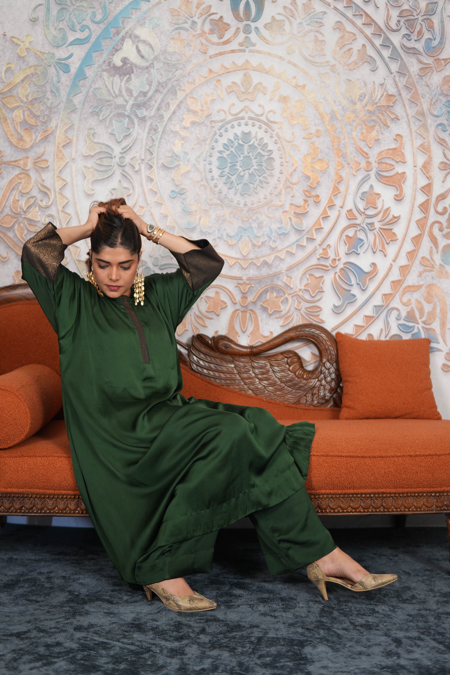 NOOR-E-SABZ EMERALD MODAL SILK KURTA SET WITH BRONZE TISSUE DETAILING