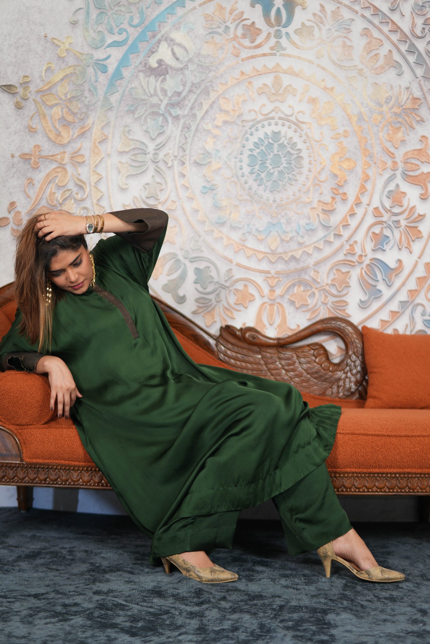NOOR-E-SABZ EMERALD MODAL SILK KURTA SET WITH BRONZE TISSUE DETAILING