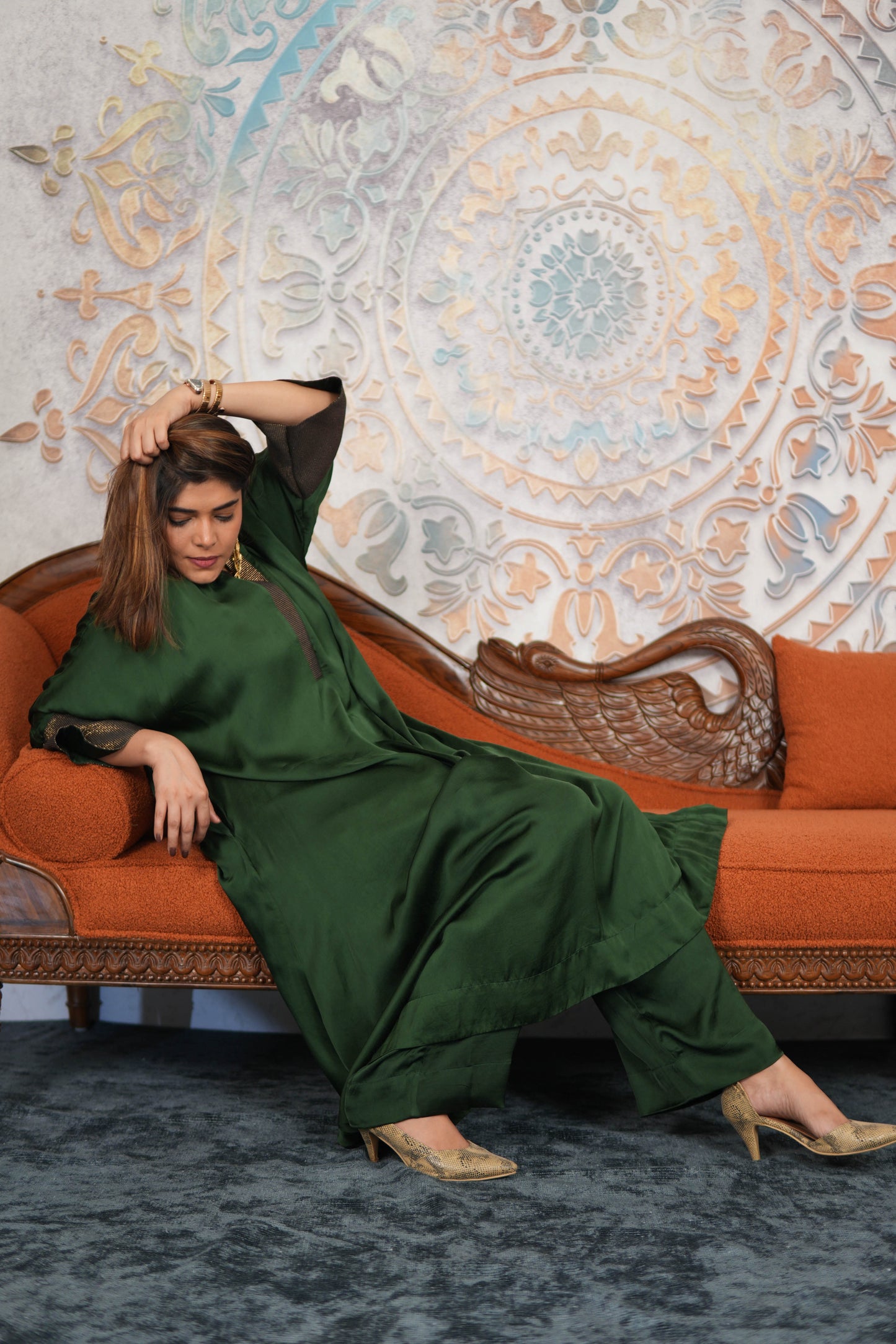 NOOR-E-SABZ EMERALD MODAL SILK KURTA SET WITH BRONZE TISSUE DETAILING