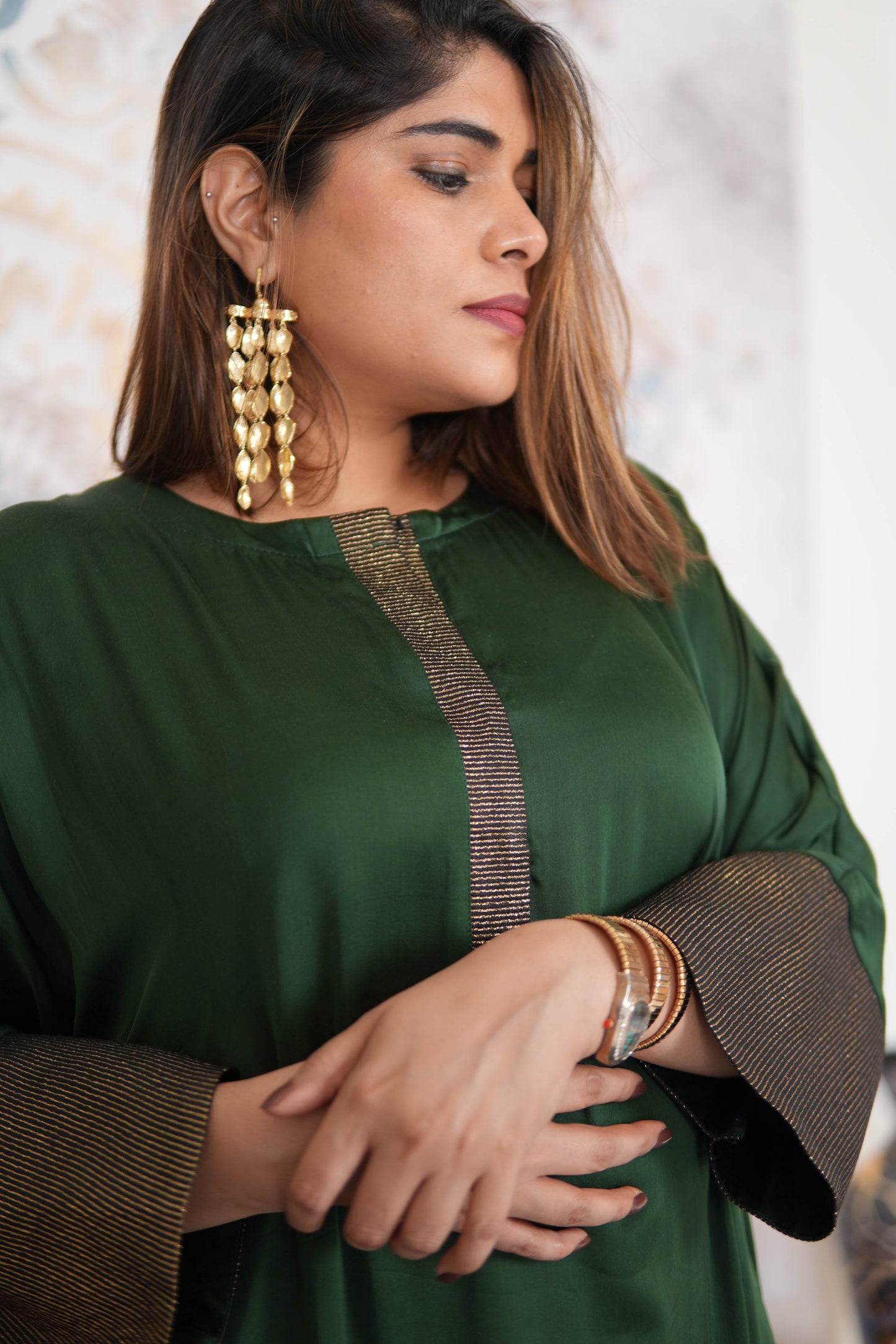 NOOR-E-SABZ EMERALD MODAL SILK KURTA SET WITH BRONZE TISSUE DETAILING