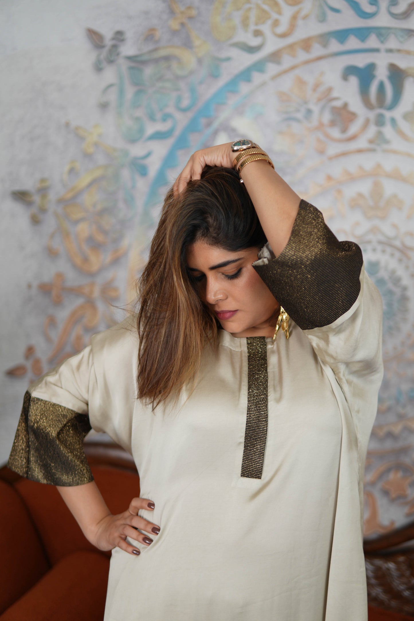 KHWAAB IVORY MODAL SILK KURTA SET WITH BRONZE TISSUE DETAILING