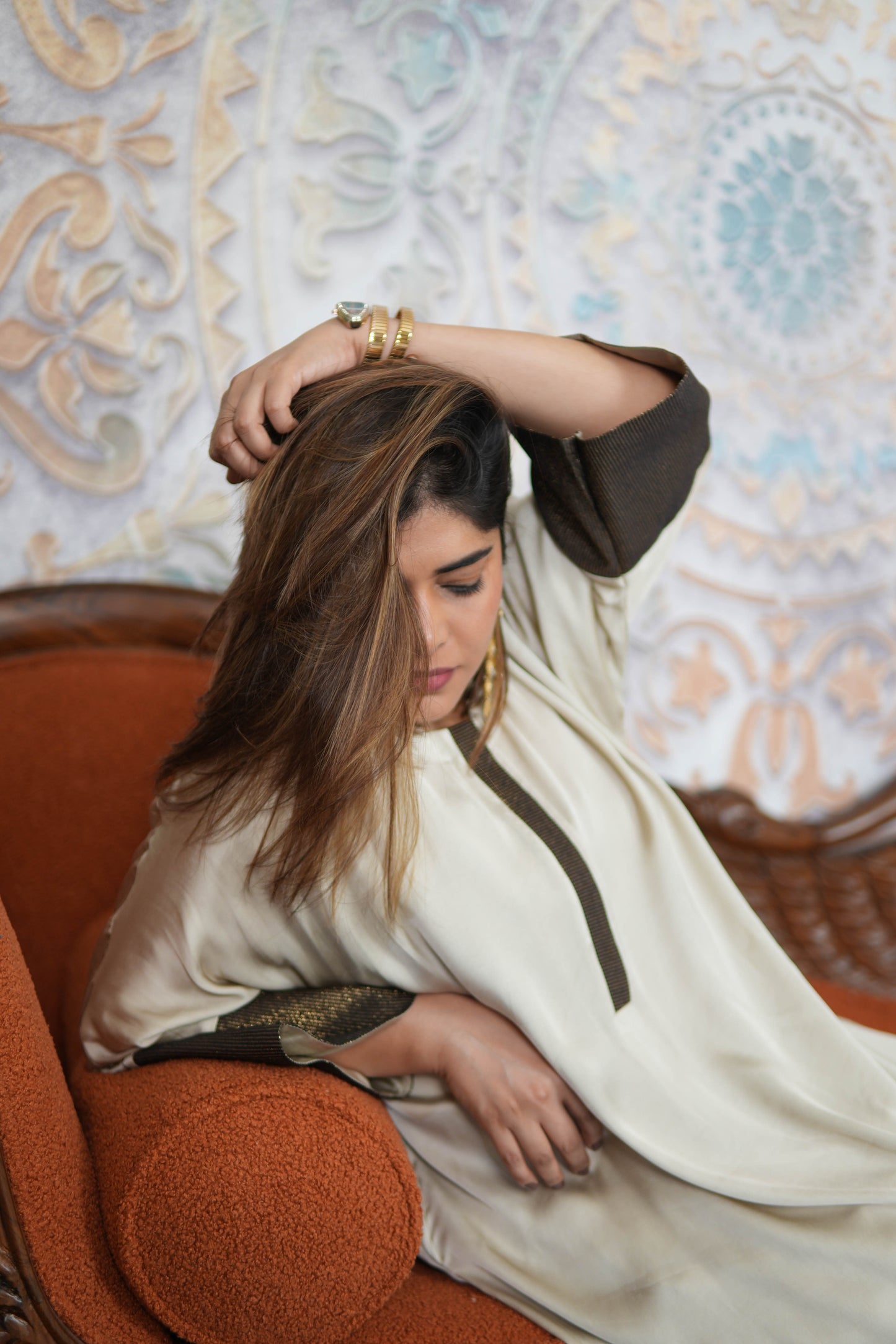 KHWAAB IVORY MODAL SILK KURTA SET WITH BRONZE TISSUE DETAILING