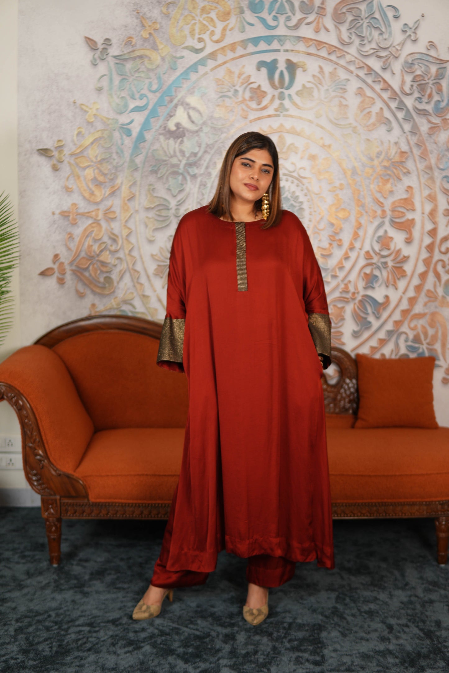 RUBY RUSSET MODAL SILK KURTA SET WITH BRONZE TISSUE DETAILING