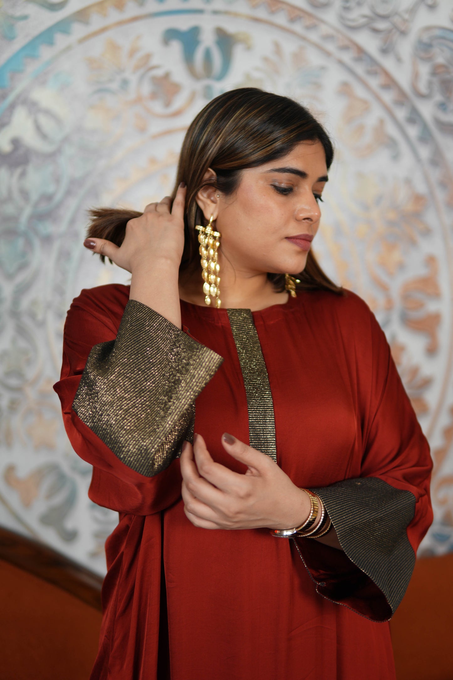 RUBY RUSSET MODAL SILK KURTA SET WITH BRONZE TISSUE DETAILING