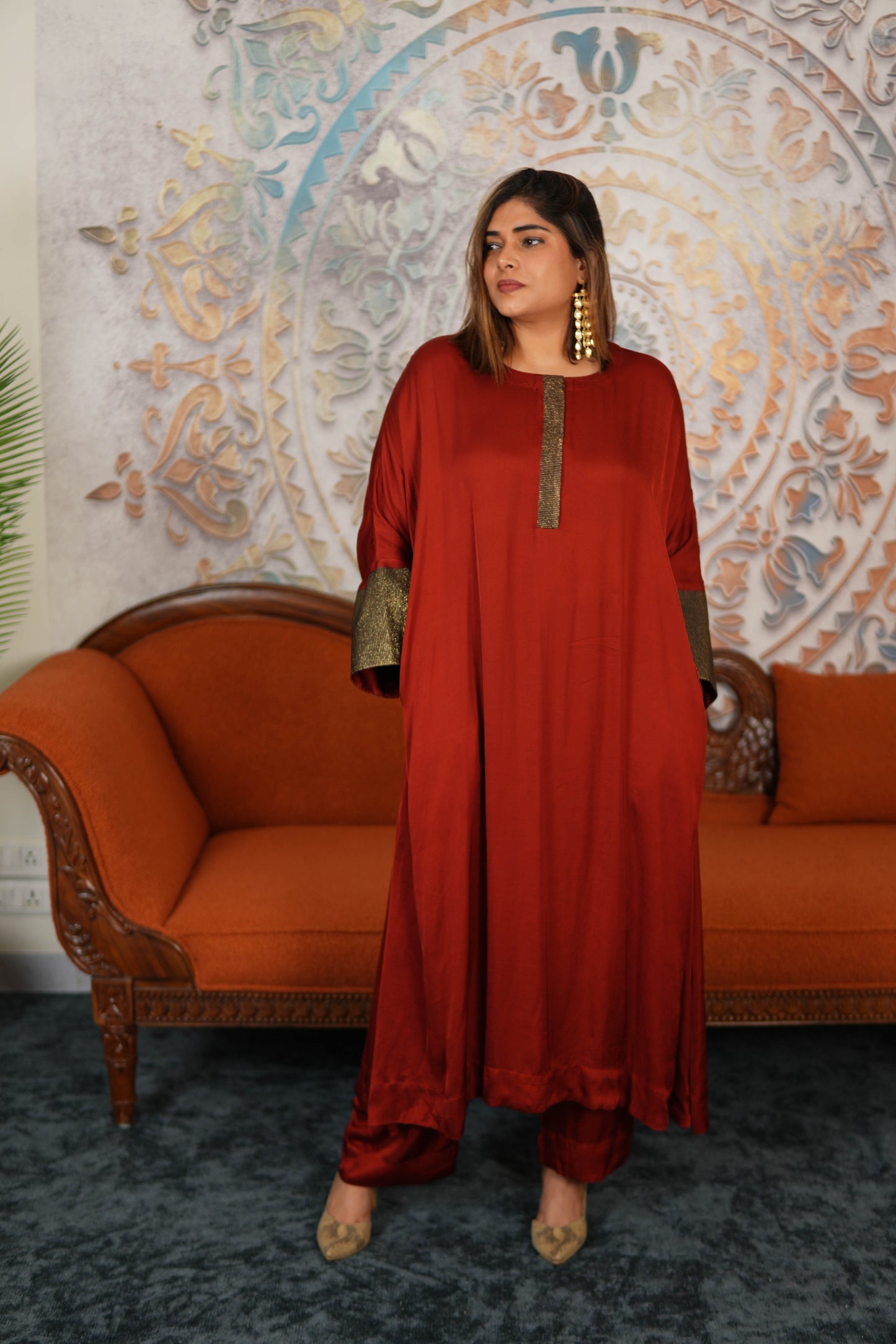 RUBY RUSSET MODAL SILK KURTA SET WITH BRONZE TISSUE DETAILING