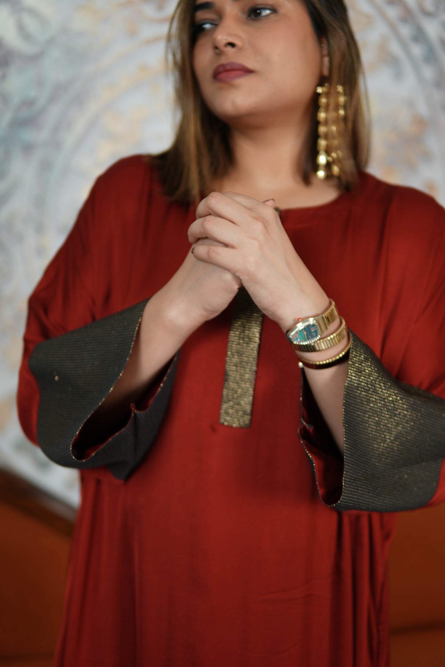 RUBY RUSSET MODAL SILK KURTA SET WITH BRONZE TISSUE DETAILING