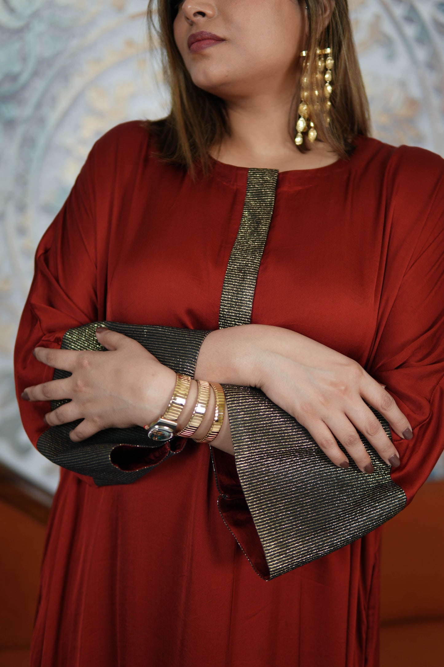 RUBY RUSSET MODAL SILK KURTA SET WITH BRONZE TISSUE DETAILING