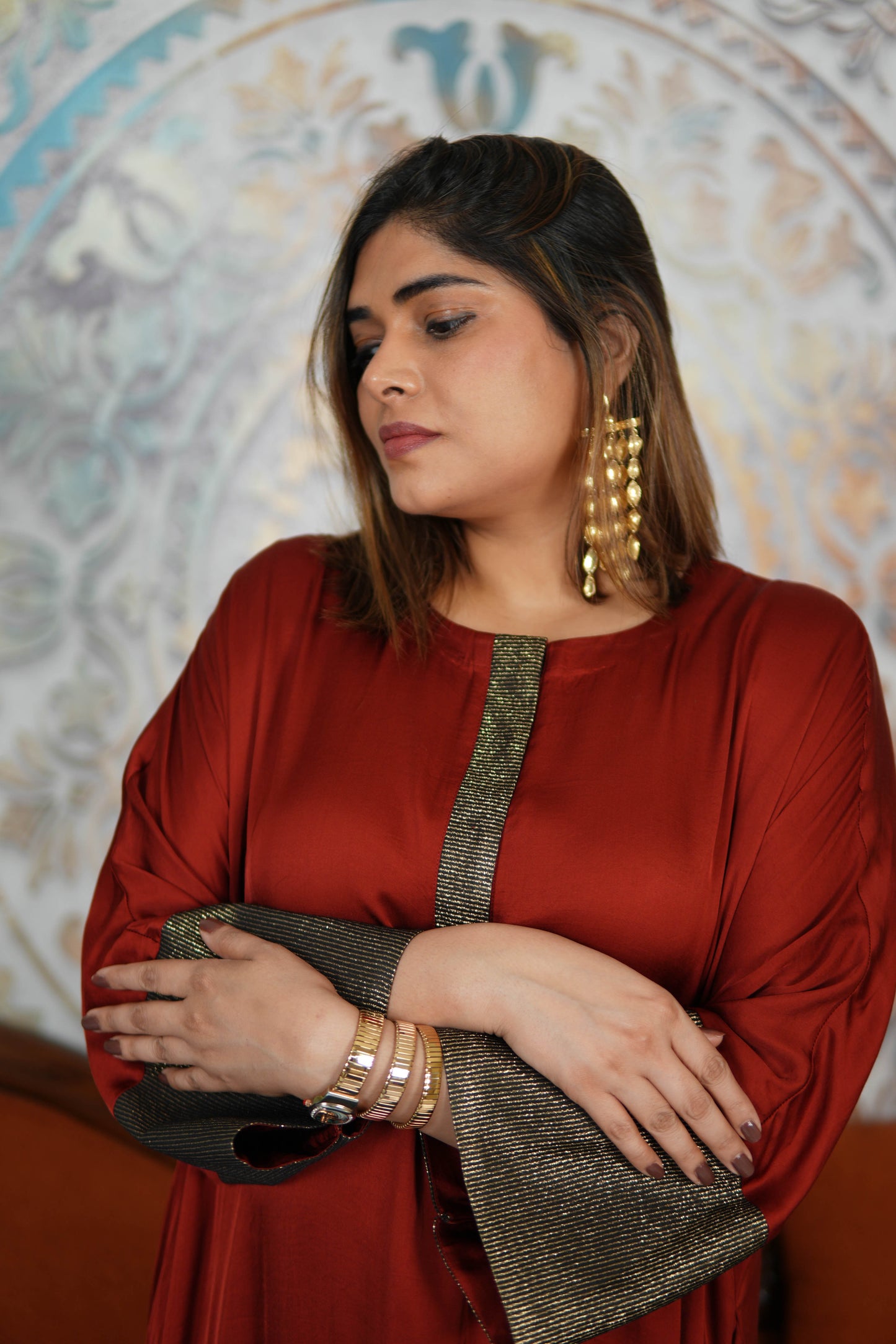 RUBY RUSSET MODAL SILK KURTA SET WITH BRONZE TISSUE DETAILING