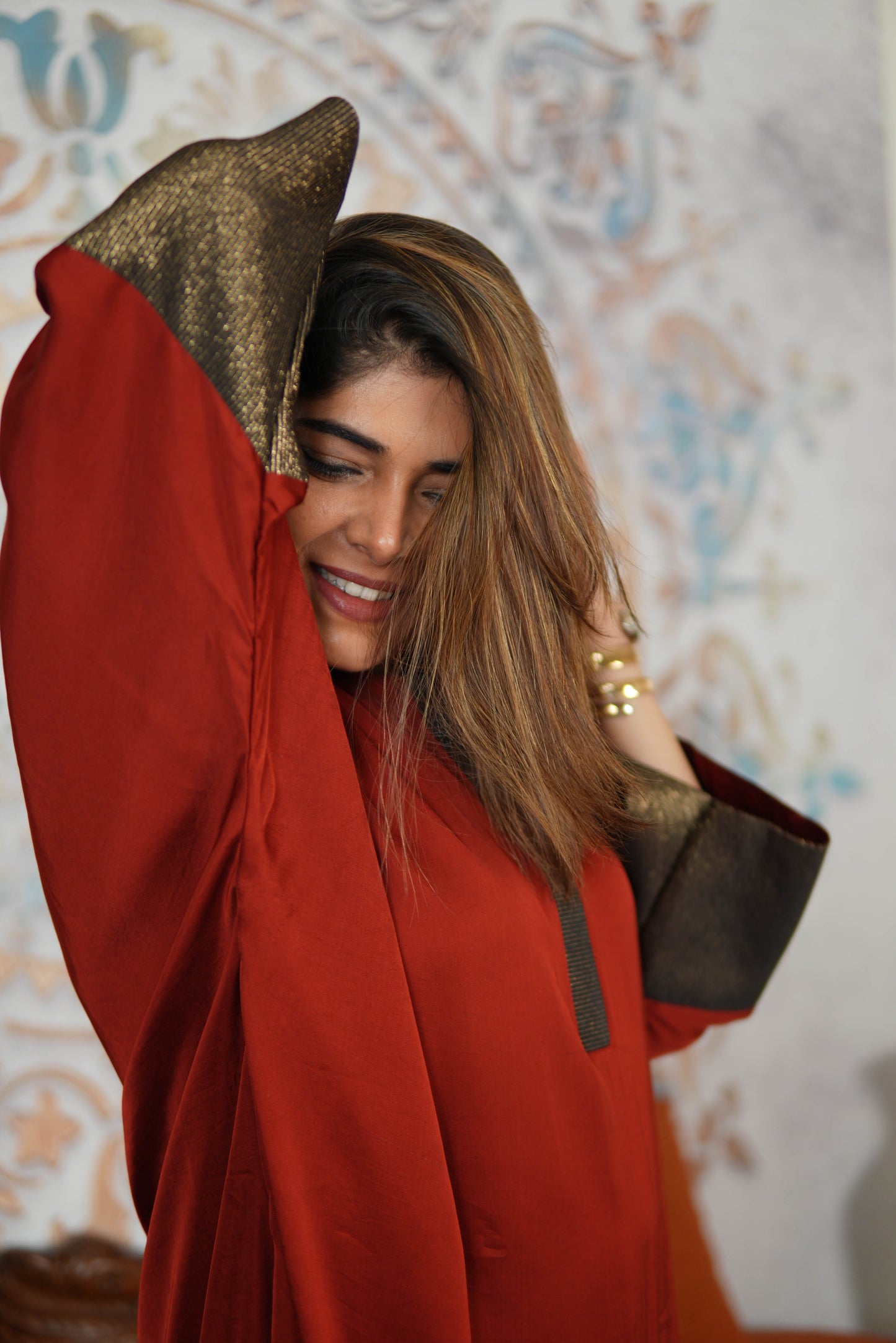 RUBY RUSSET MODAL SILK KURTA SET WITH BRONZE TISSUE DETAILING